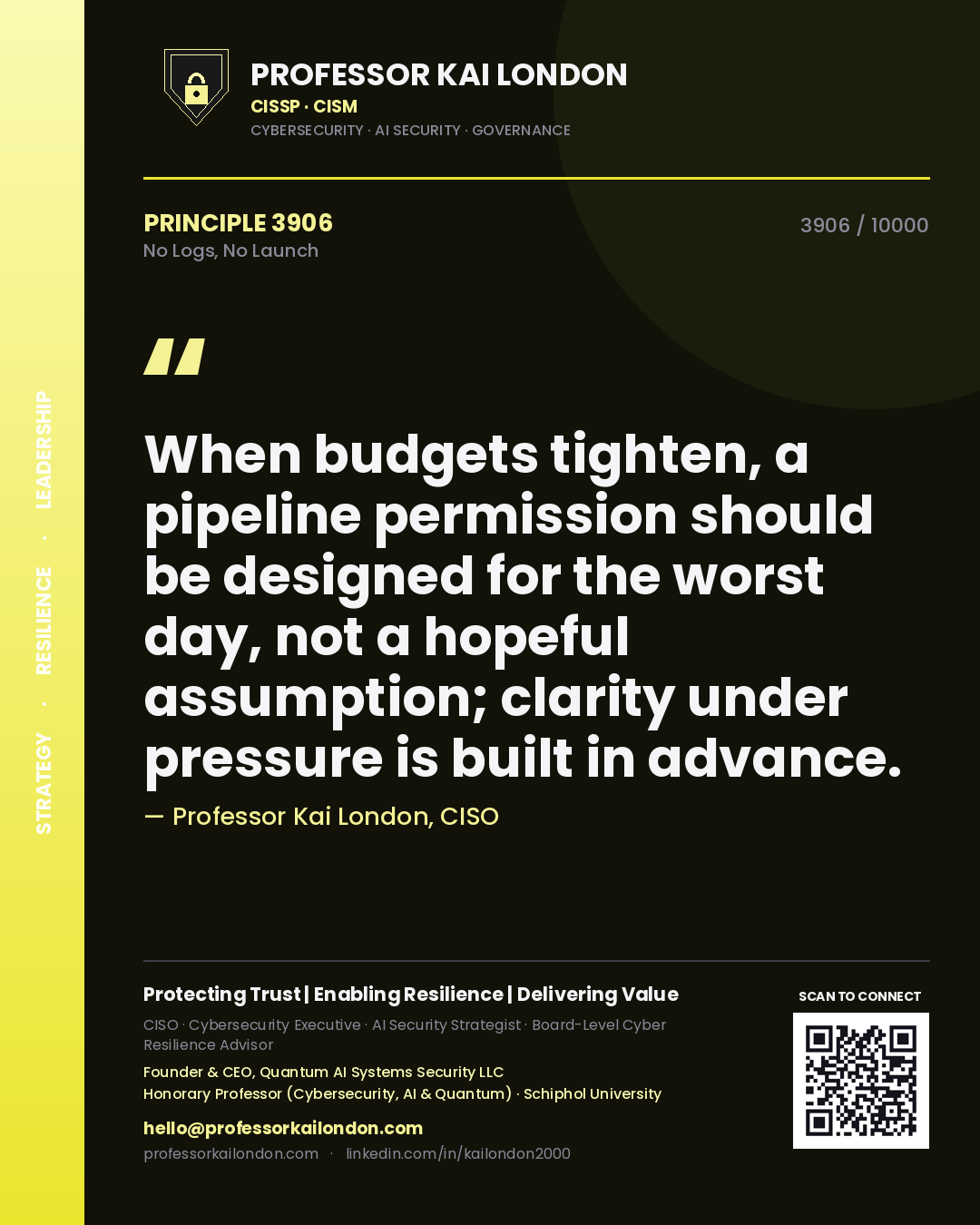 Professor Kai London principle 3906: When budgets tighten, a pipeline permission should be designed for the worst day, not a hopeful assumption; clarity under pressure is built in advance.