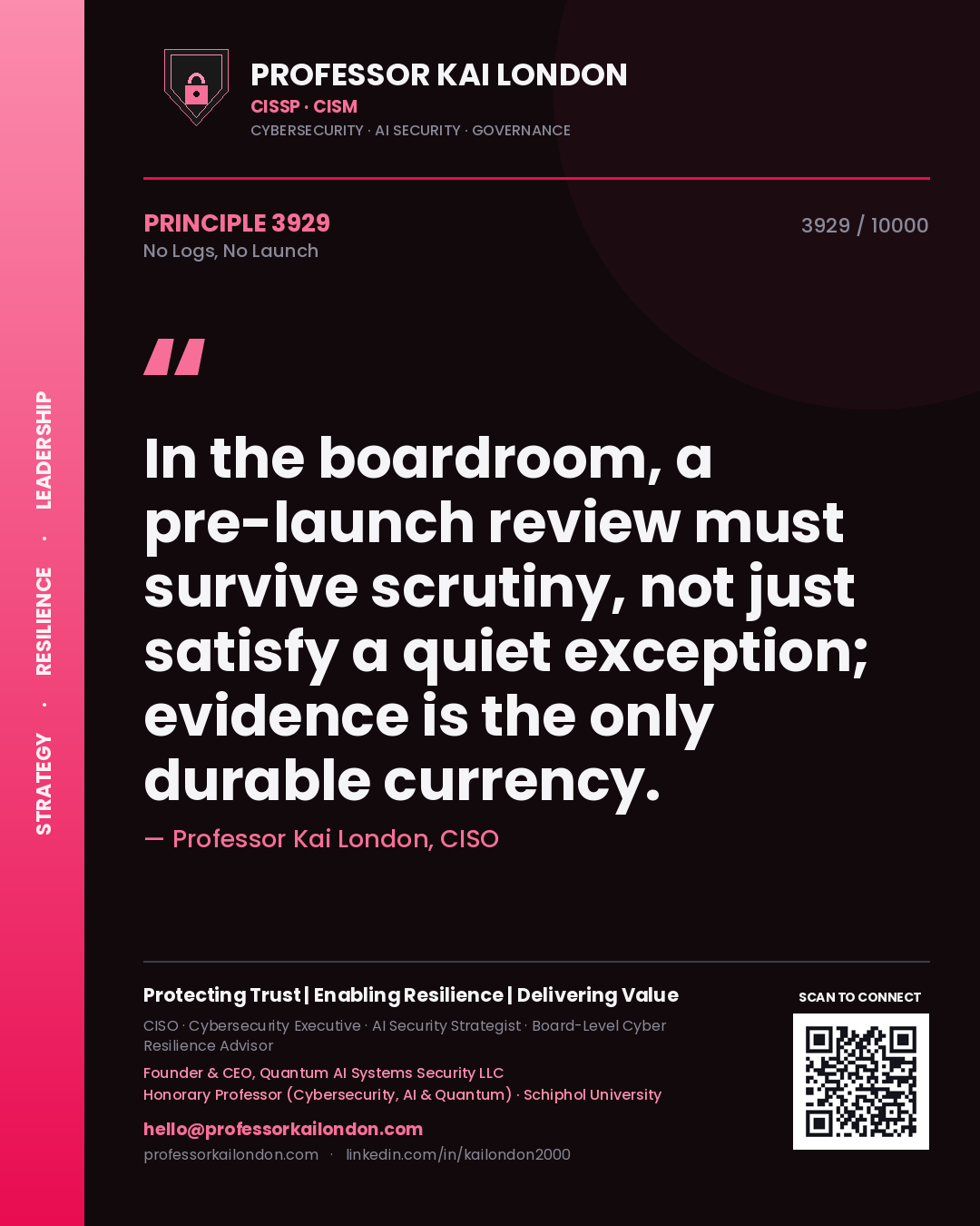 Quote card by Professor Kai London reading 'In the boardroom, a pre-launch review must survive scrutiny, not just satisfy a quiet exception; evidence is the only durable currency.'. From the book No Logs, No Launch.