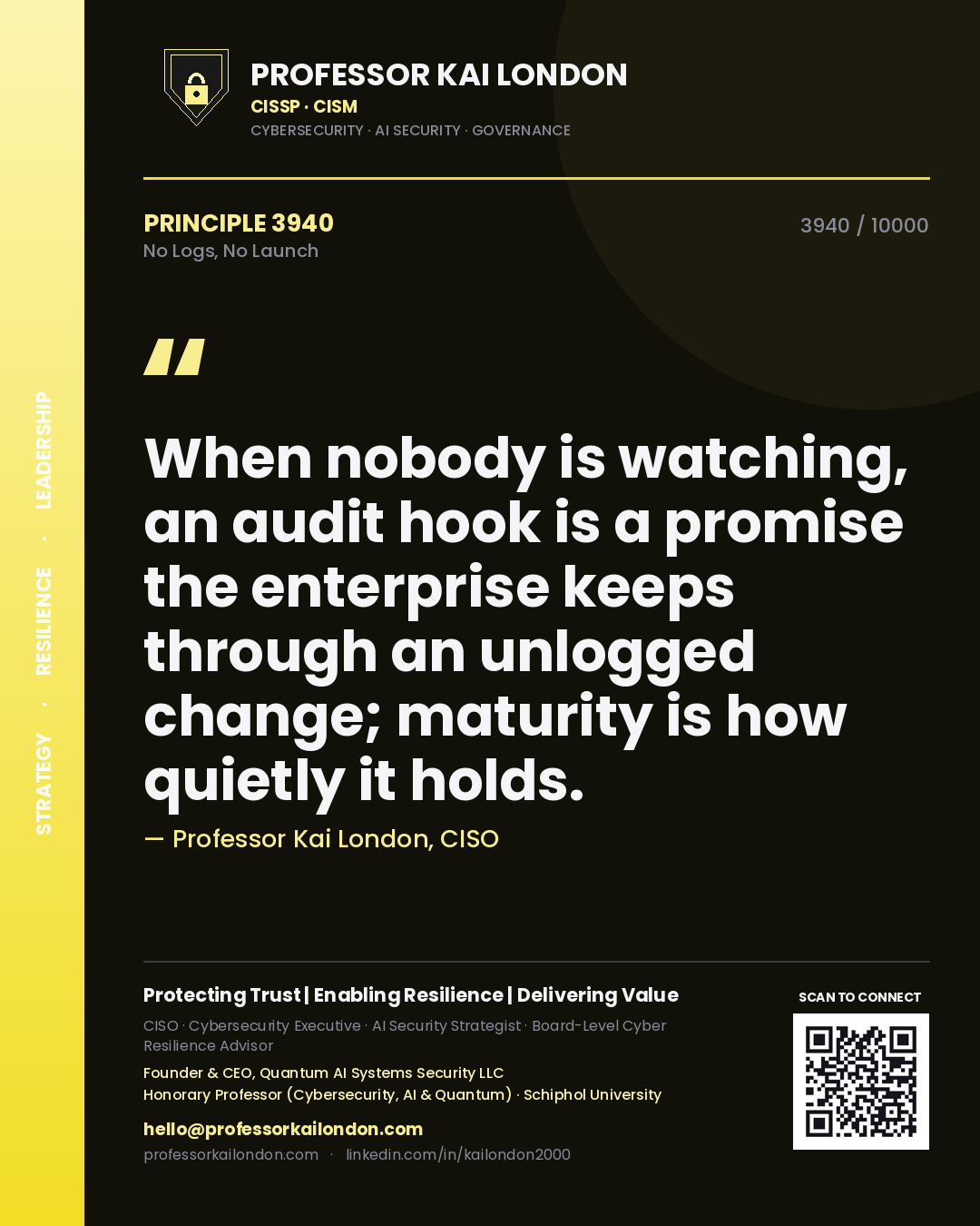 Professor Kai London principle 3940: When nobody is watching, an audit hook is a promise the enterprise keeps through an unlogged change; maturity is how quietly it holds.