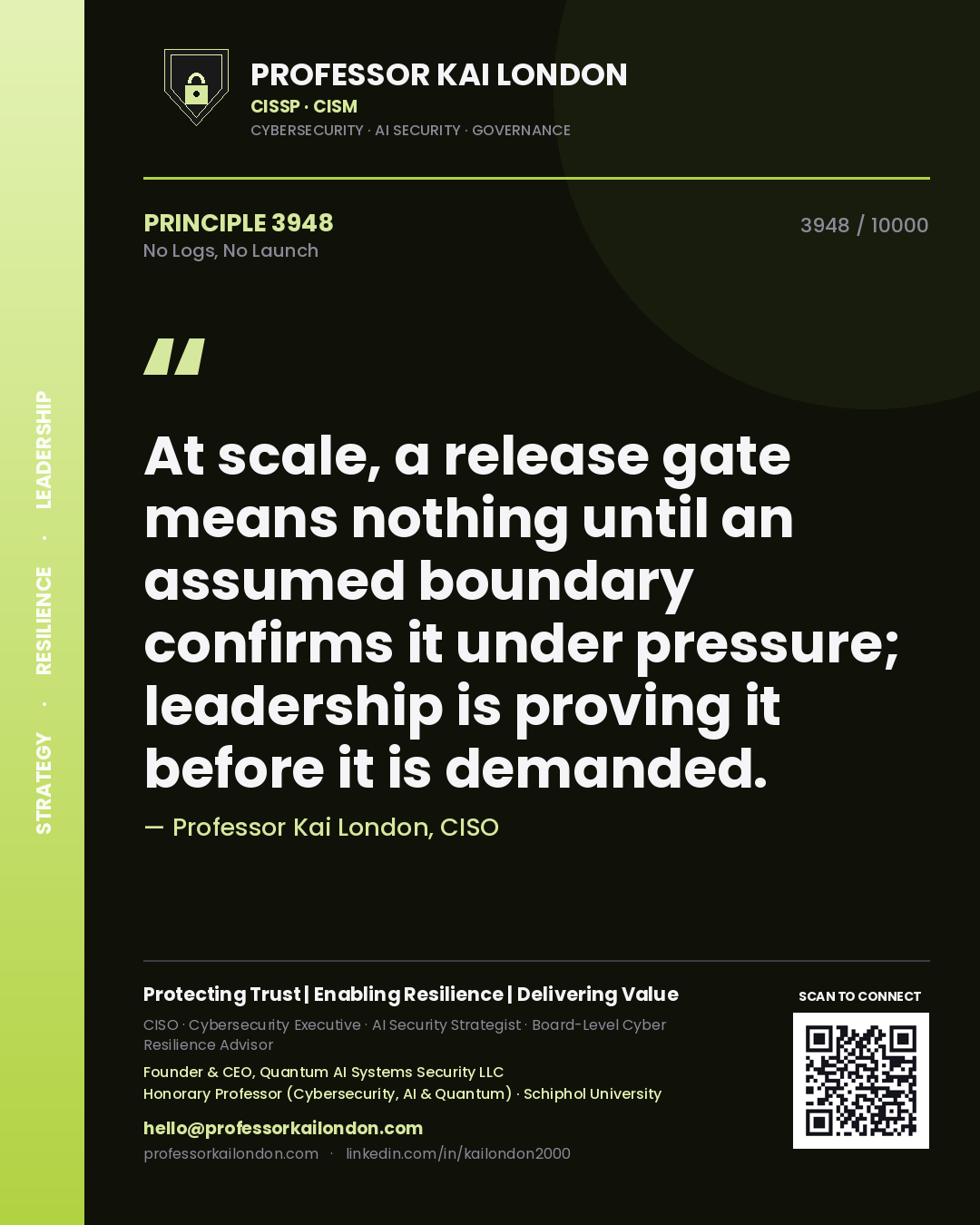 Quote card by Professor Kai London reading 'At scale, a release gate means nothing until an assumed boundary confirms it under pressure; leadership is proving it before it is demanded.'. From the book No Logs, No Launch.