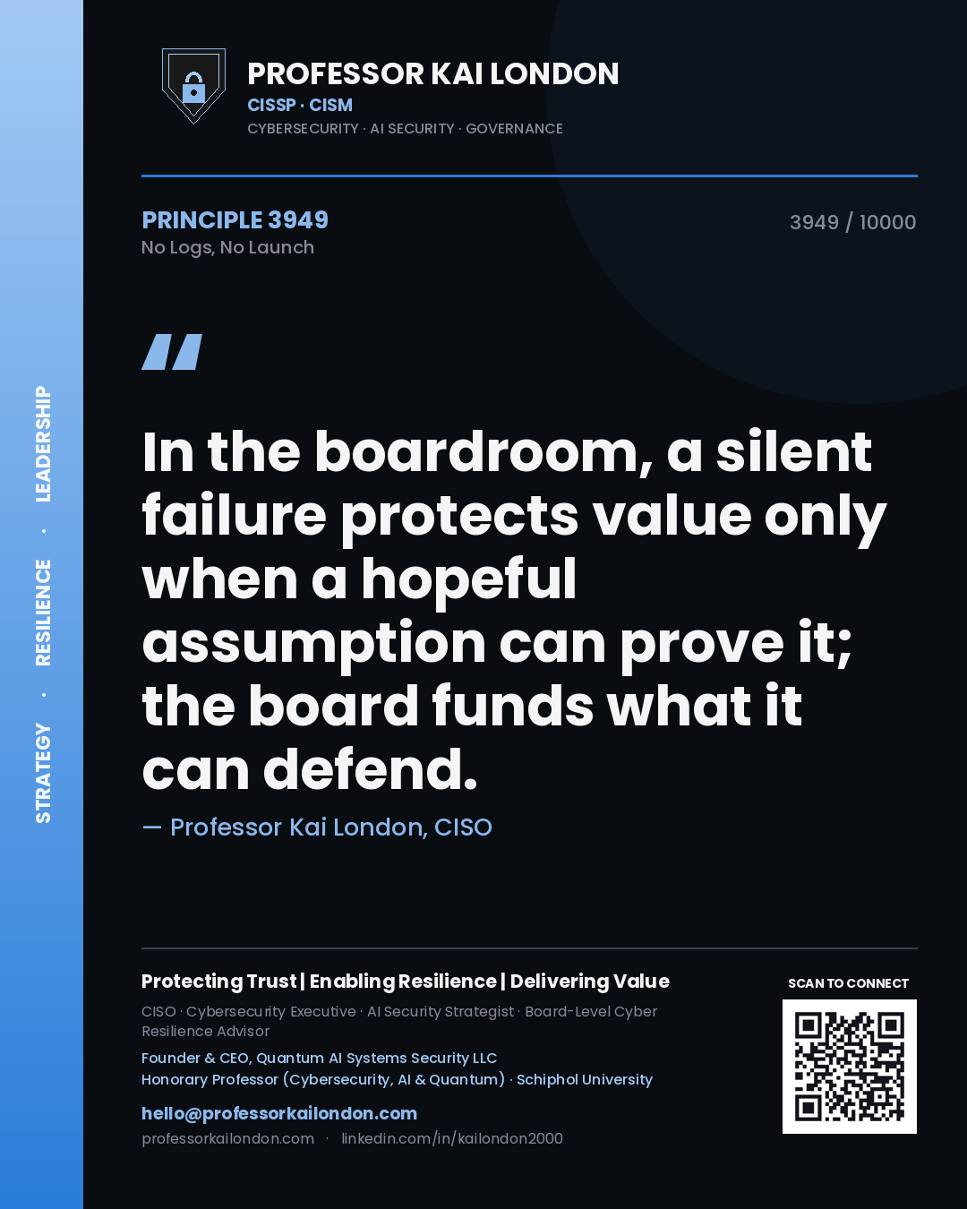 Quote card by Professor Kai London reading 'In the boardroom, a silent failure protects value only when a hopeful assumption can prove it; the board funds what it can defend.'. From the book No Logs, No Launch.