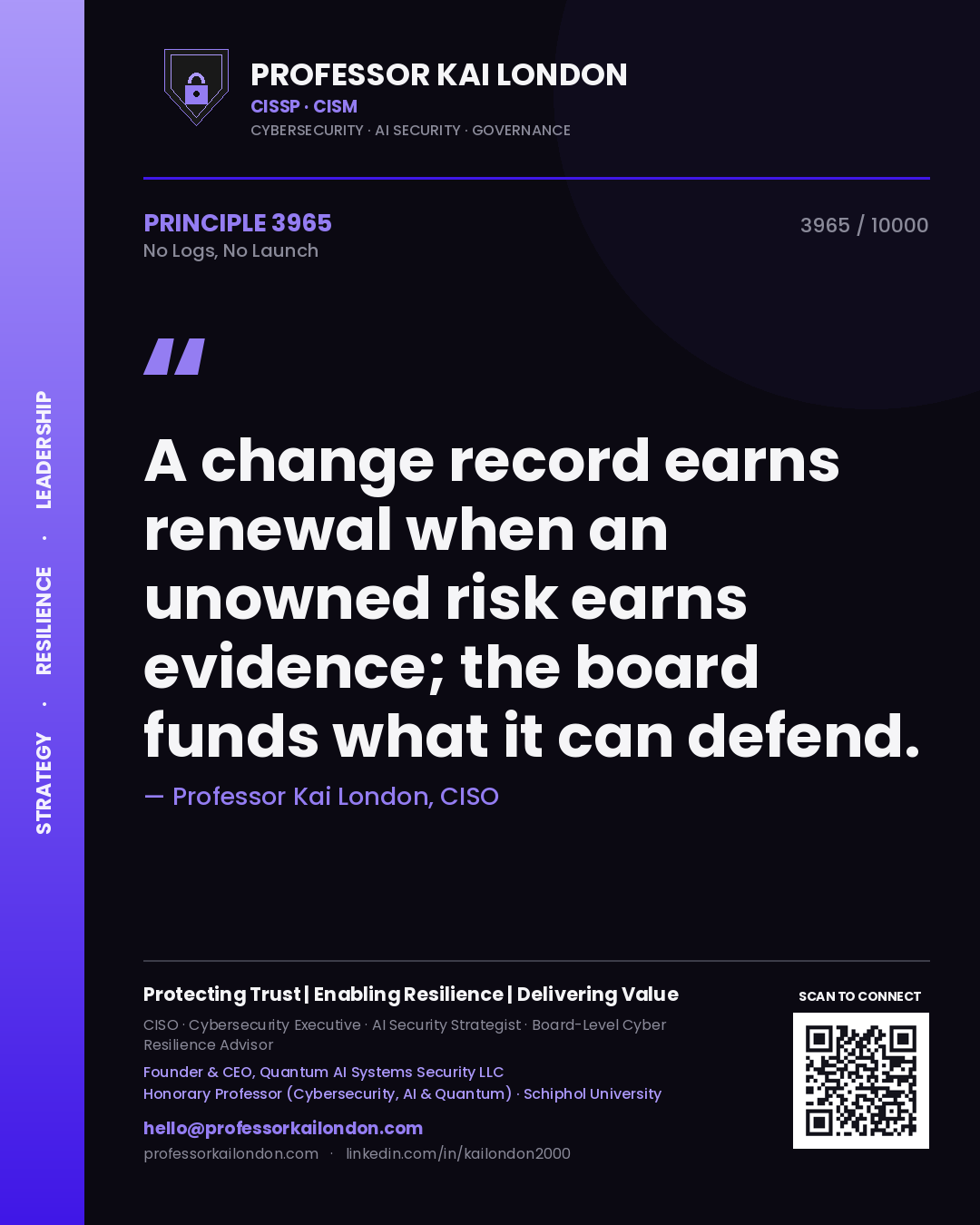 Professor Kai London principle 3965: A change record earns renewal when an unowned risk earns evidence; the board funds what it can defend.