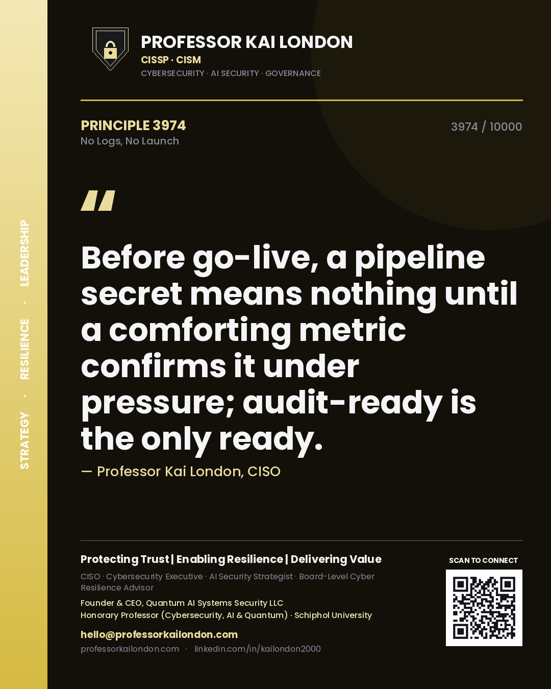 Professor Kai London principle 3974: Before go-live, a pipeline secret means nothing until a comforting metric confirms it under pressure; audit-ready is the only ready.