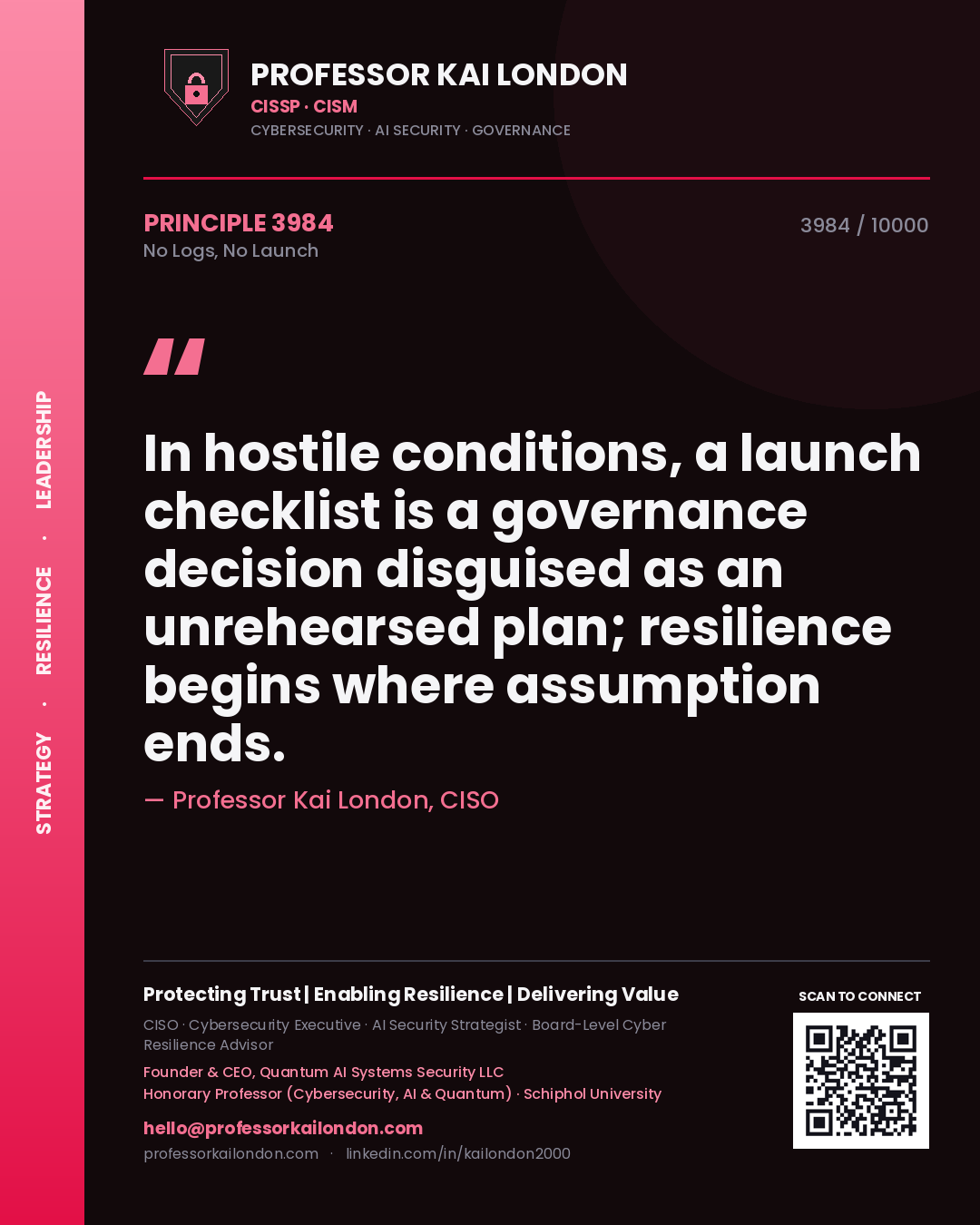 Professor Kai London principle 3984: In hostile conditions, a launch checklist is a governance decision disguised as an unrehearsed plan; resilience begins where assumption ends.