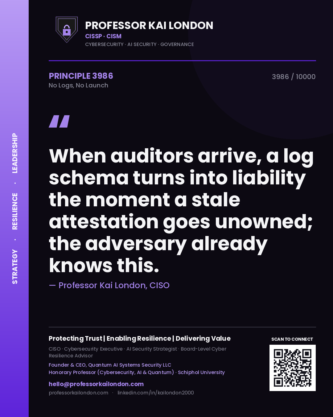 Professor Kai London principle 3986: When auditors arrive, a log schema turns into liability the moment a stale attestation goes unowned; the adversary already knows this.