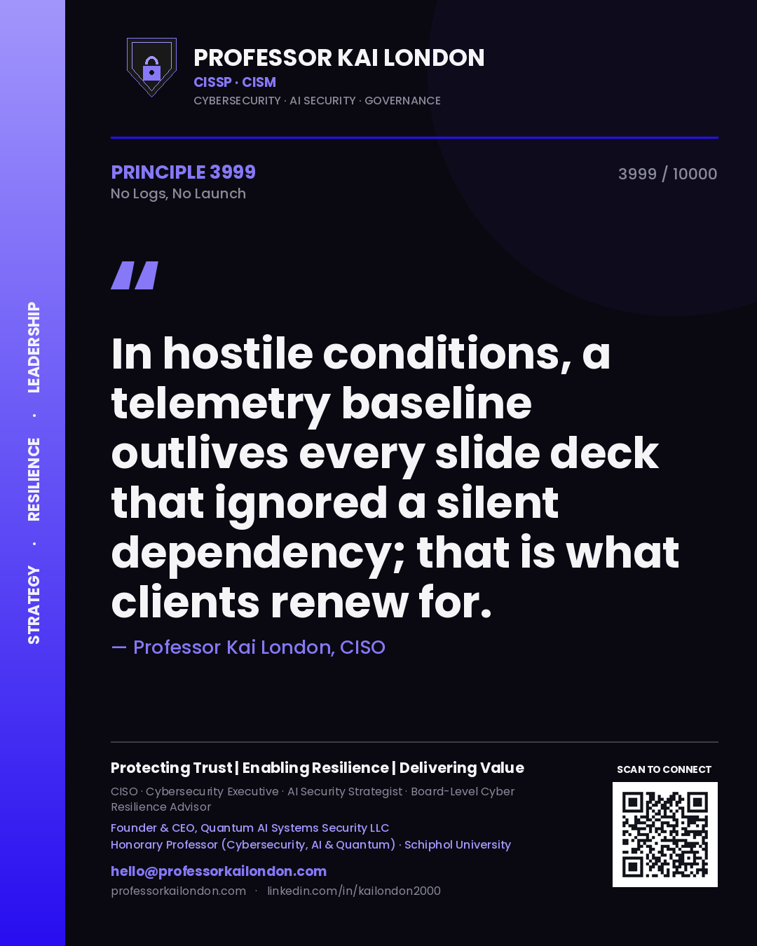Professor Kai London principle 3999: In hostile conditions, a telemetry baseline outlives every slide deck that ignored a silent dependency; that is what clients renew for.