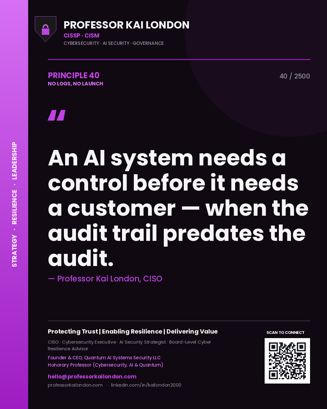 Professor Kai London principle 40: An AI system needs a control before it needs a customer — when the audit trail predates the audit.