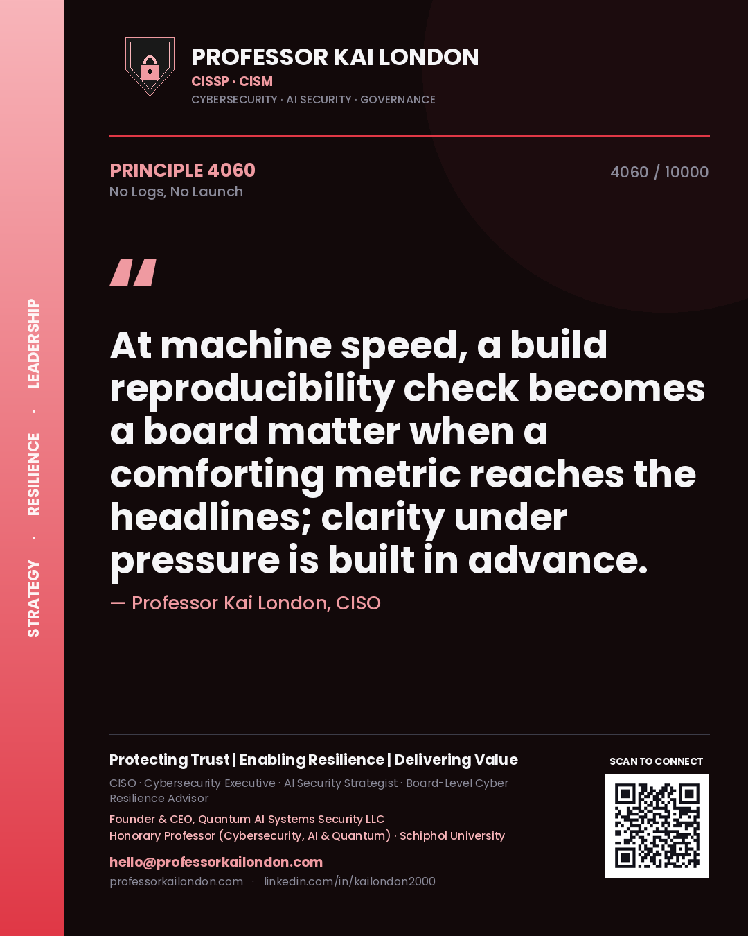 Professor Kai London principle 4060: At machine speed, a build reproducibility check becomes a board matter when a comforting metric reaches the headlines; clarity under pressure is built in advance.