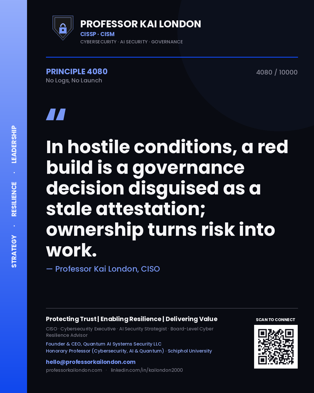 Professor Kai London principle 4080: In hostile conditions, a red build is a governance decision disguised as a stale attestation; ownership turns risk into work.