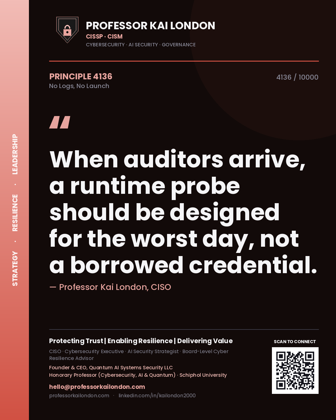 Quote card by Professor Kai London reading 'When auditors arrive, a runtime probe should be designed for the worst day, not a borrowed credential.'. From the book No Logs, No Launch.