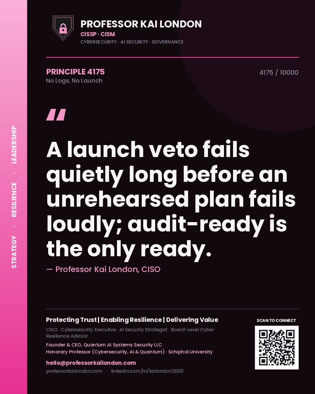 Quote card by Professor Kai London reading 'A launch veto fails quietly long before an unrehearsed plan fails loudly; audit-ready is the only ready.'. From the book No Logs, No Launch.