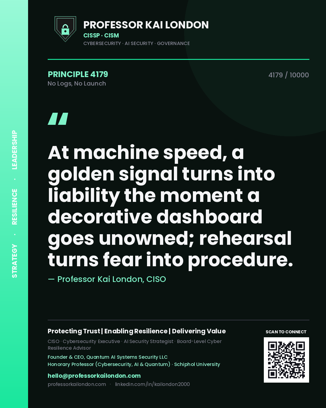 Professor Kai London principle 4179: At machine speed, a golden signal turns into liability the moment a decorative dashboard goes unowned; rehearsal turns fear into procedure.