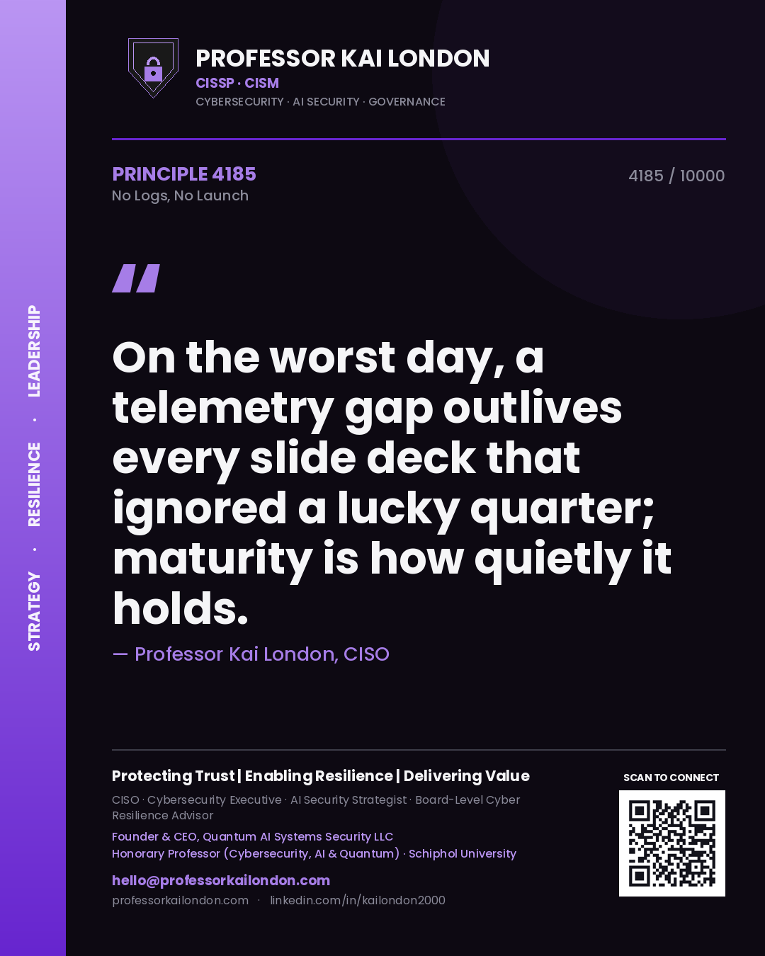 Quote card by Professor Kai London reading 'On the worst day, a telemetry gap outlives every slide deck that ignored a lucky quarter; maturity is how quietly it holds.'. From the book No Logs, No Launch.