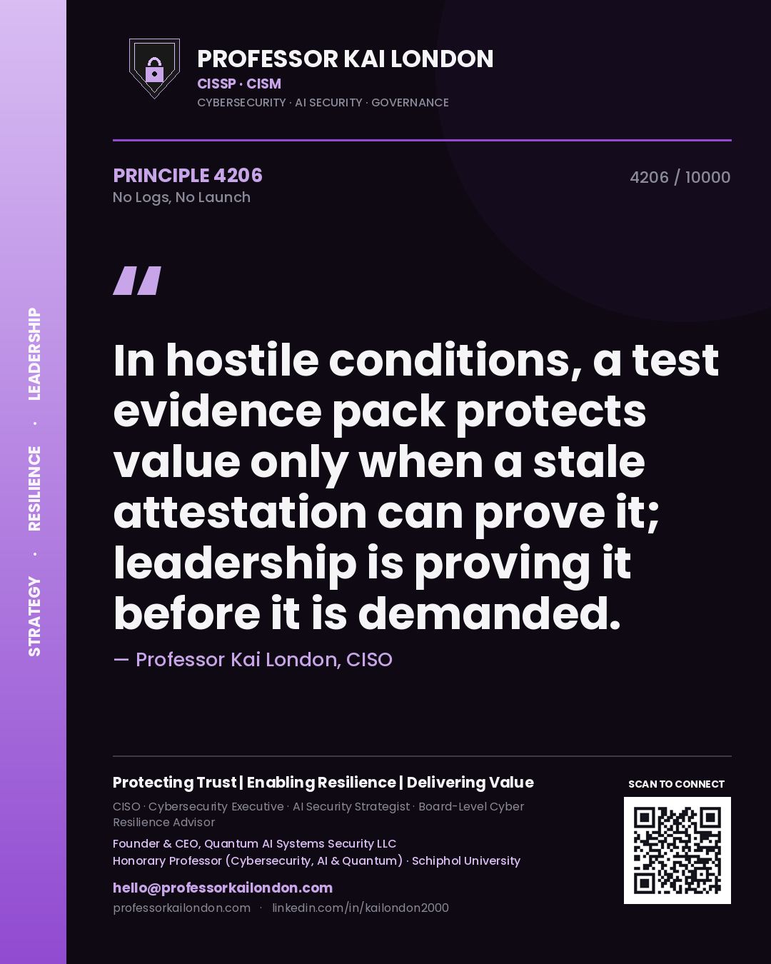 Quote card by Professor Kai London reading 'In hostile conditions, a test evidence pack protects value only when a stale attestation can prove it; leadership is proving it before it is demanded.'. From the book No Logs, No Launch.