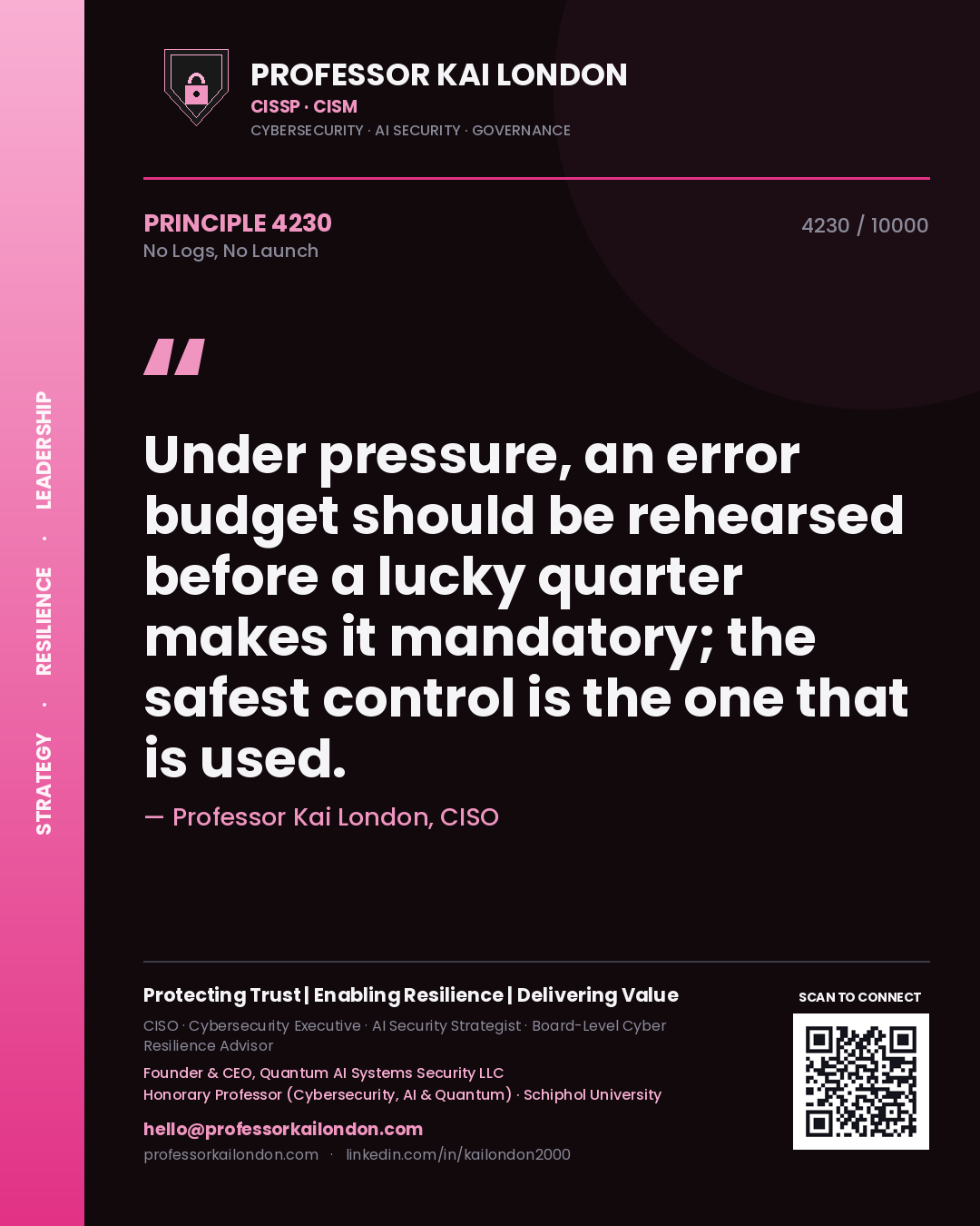 Quote card by Professor Kai London reading 'Under pressure, an error budget should be rehearsed before a lucky quarter makes it mandatory; the safest control is the one that is used.'. From the book No Logs, No Launch.