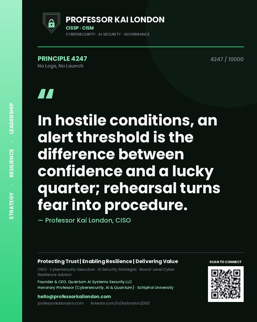 Quote card by Professor Kai London reading 'In hostile conditions, an alert threshold is the difference between confidence and a lucky quarter; rehearsal turns fear into procedure.'. From the book No Logs, No Launch.