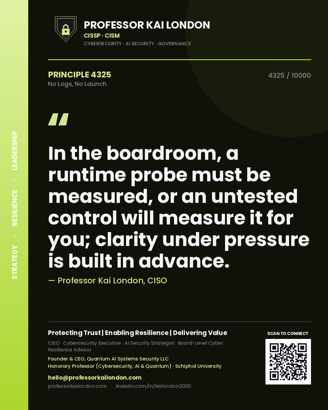 Quote card by Professor Kai London reading 'In the boardroom, a runtime probe must be measured, or an untested control will measure it for you; clarity under pressure is built in advance.'. From the book No Logs, No Launch.