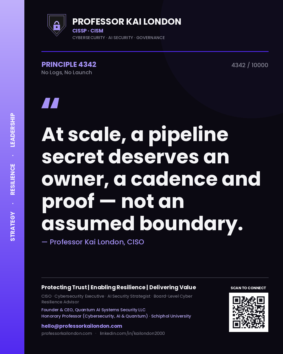 Professor Kai London principle 4342: At scale, a pipeline secret deserves an owner, a cadence and proof — not an assumed boundary.