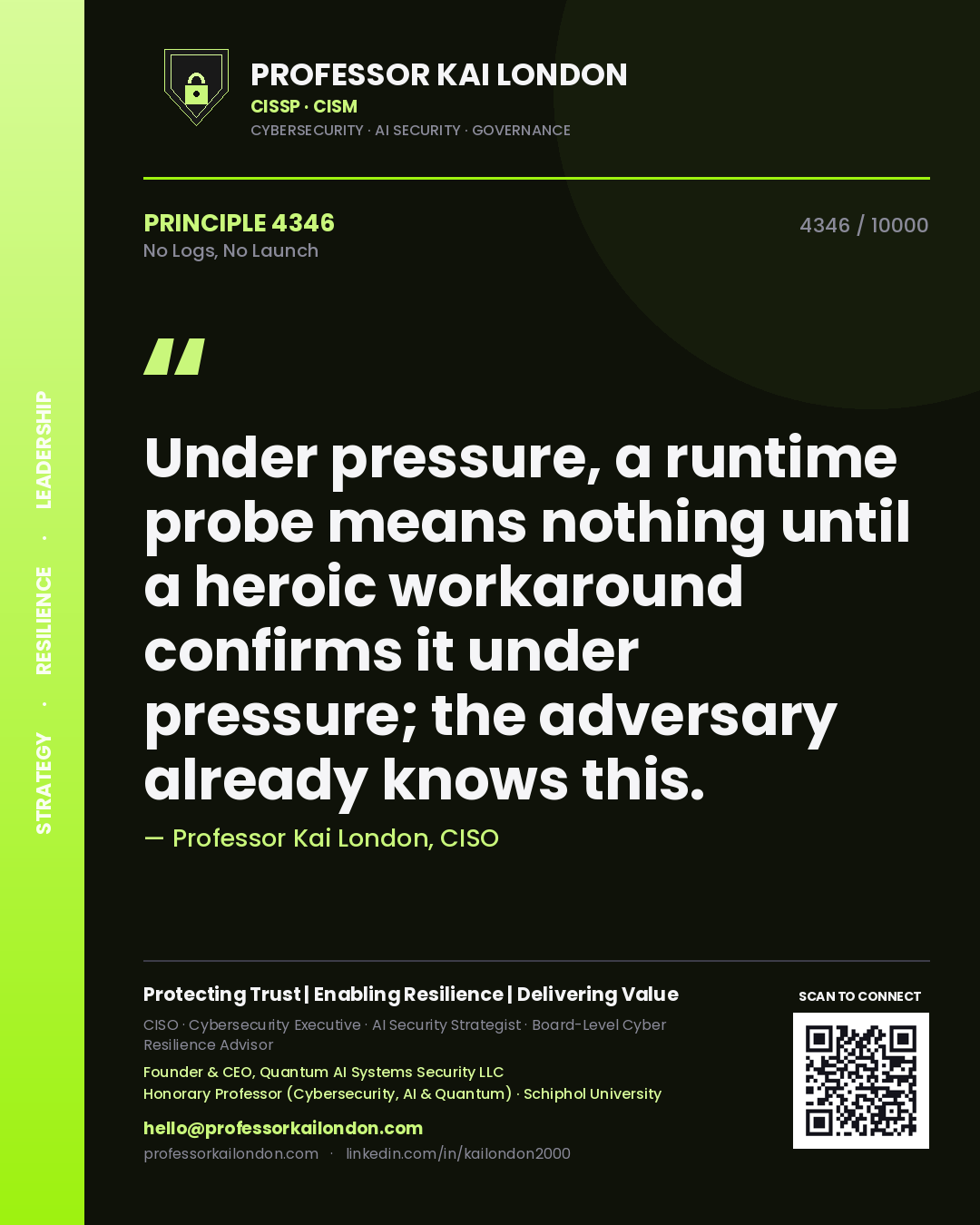 Quote card by Professor Kai London reading 'Under pressure, a runtime probe means nothing until a heroic workaround confirms it under pressure; the adversary already knows this.'. From the book No Logs, No Launch.