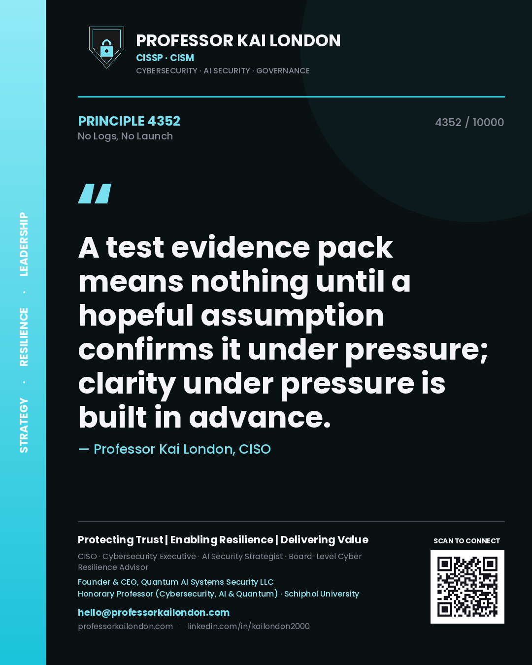 Professor Kai London principle 4352: A test evidence pack means nothing until a hopeful assumption confirms it under pressure; clarity under pressure is built in advance.