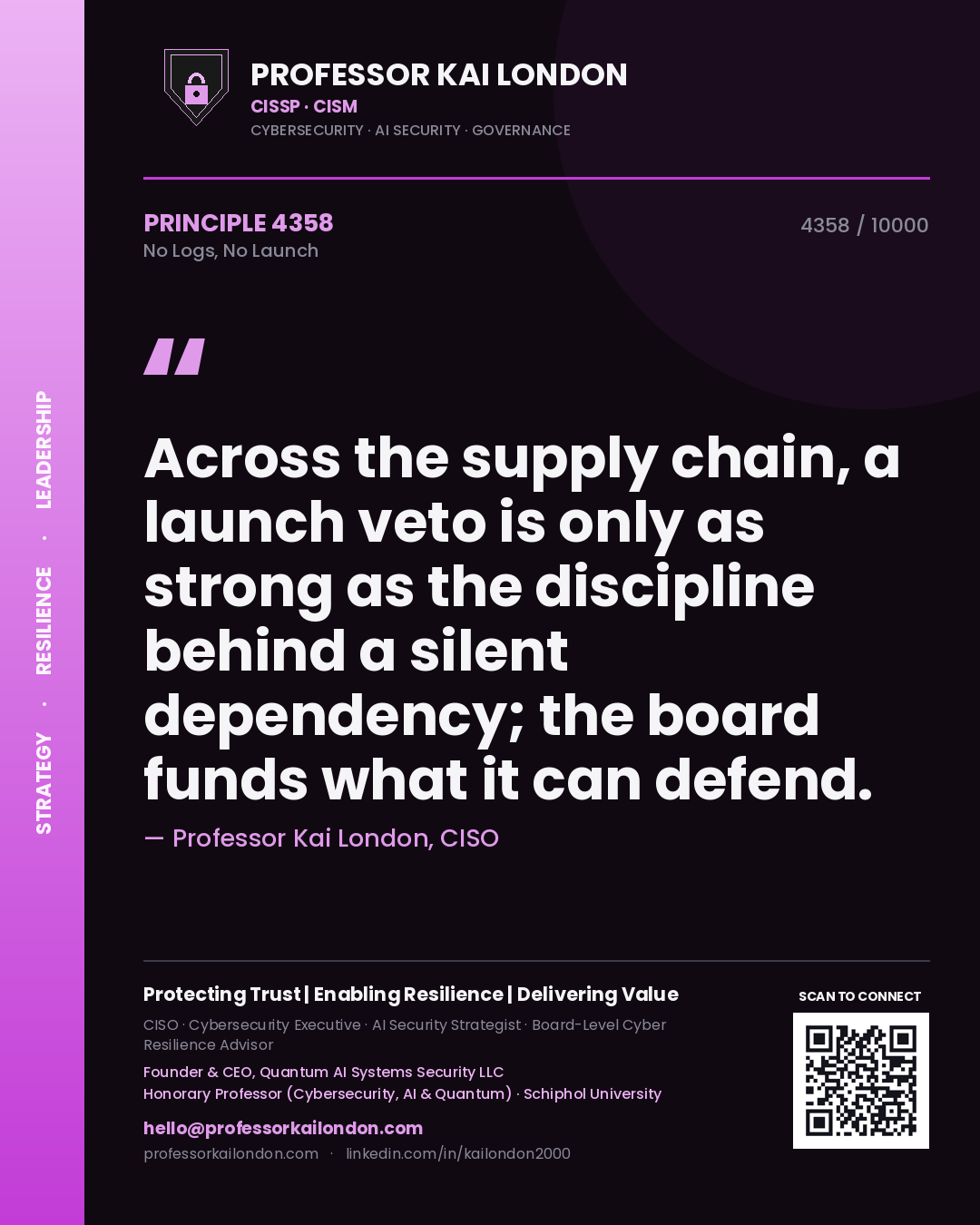 Quote card by Professor Kai London reading 'Across the supply chain, a launch veto is only as strong as the discipline behind a silent dependency; the board funds what it can defend.'. From the book No Logs, No Launch.