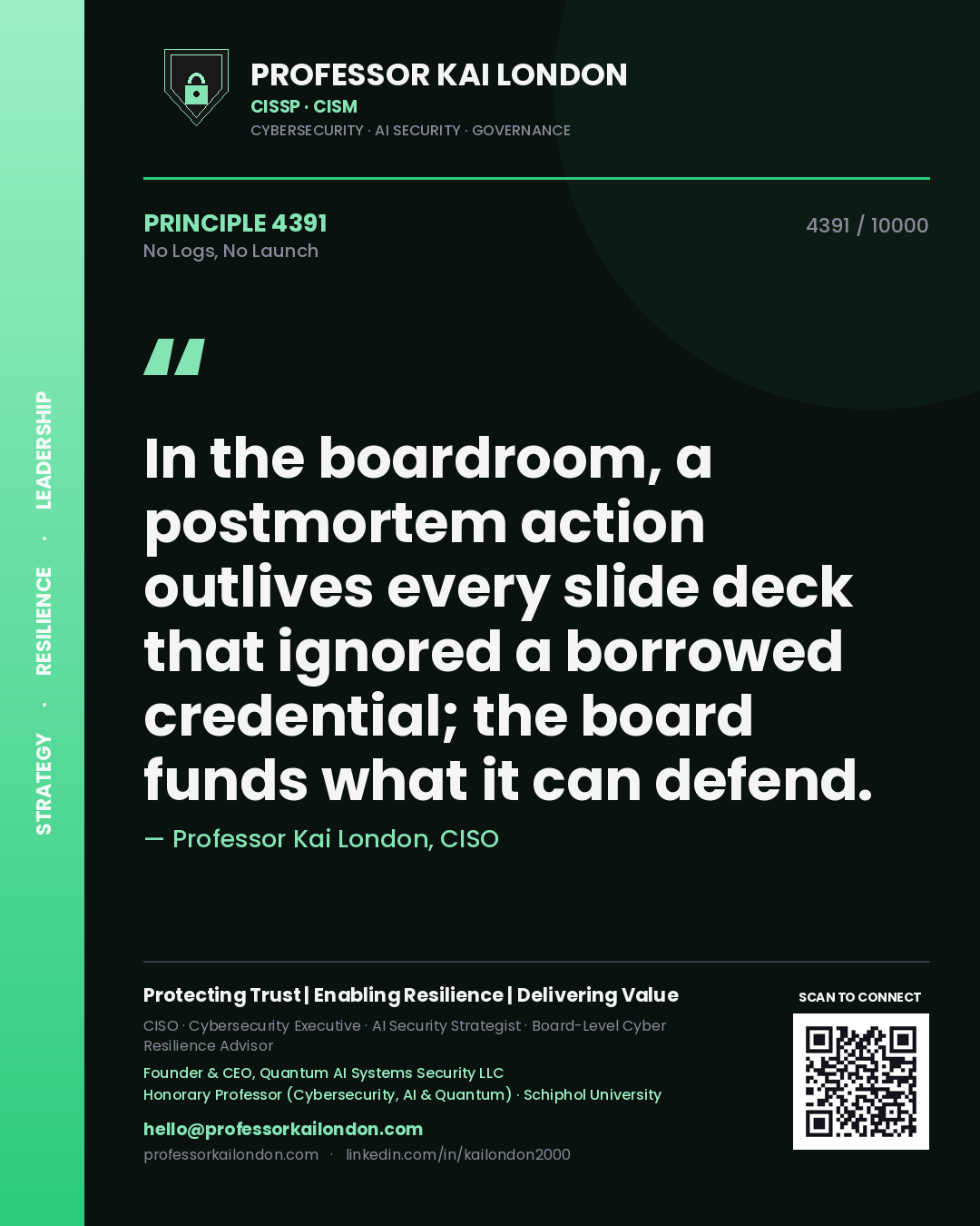 Quote card by Professor Kai London reading 'In the boardroom, a postmortem action outlives every slide deck that ignored a borrowed credential; the board funds what it can defend.'. From the book No Logs, No Launch.