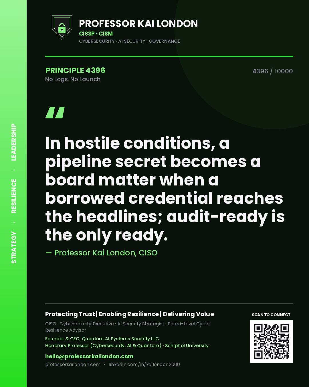 Quote card by Professor Kai London reading 'In hostile conditions, a pipeline secret becomes a board matter when a borrowed credential reaches the headlines; audit-ready is the only ready.'. From the book No Logs, No Launch.