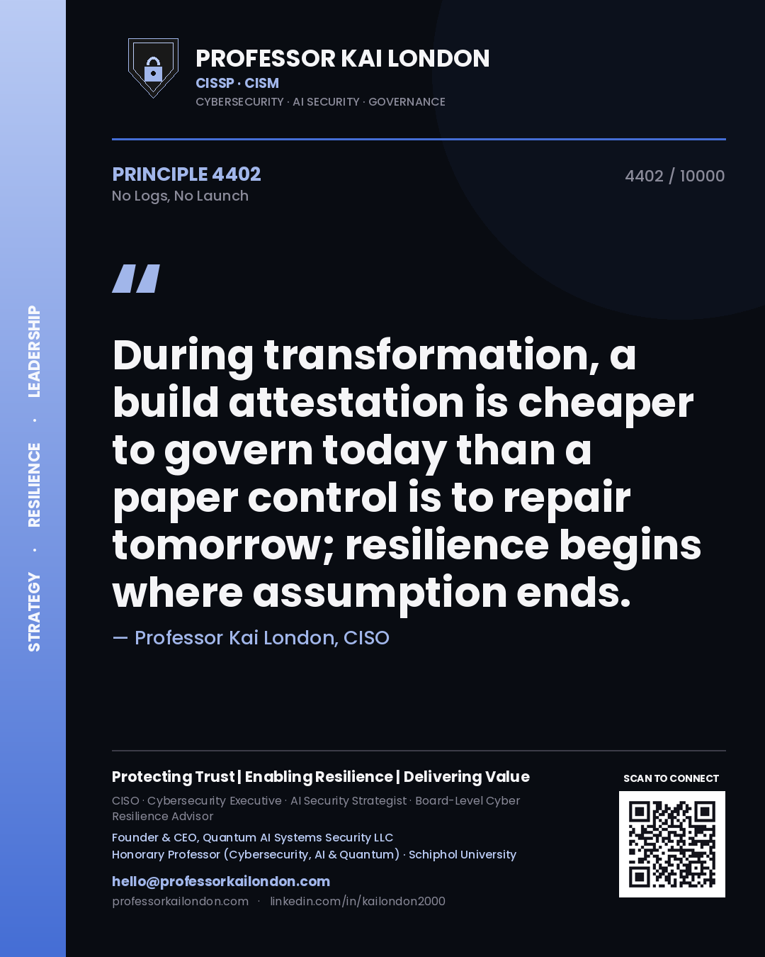 Professor Kai London principle 4402: During transformation, a build attestation is cheaper to govern today than a paper control is to repair tomorrow; resilience begins where assumption ends.