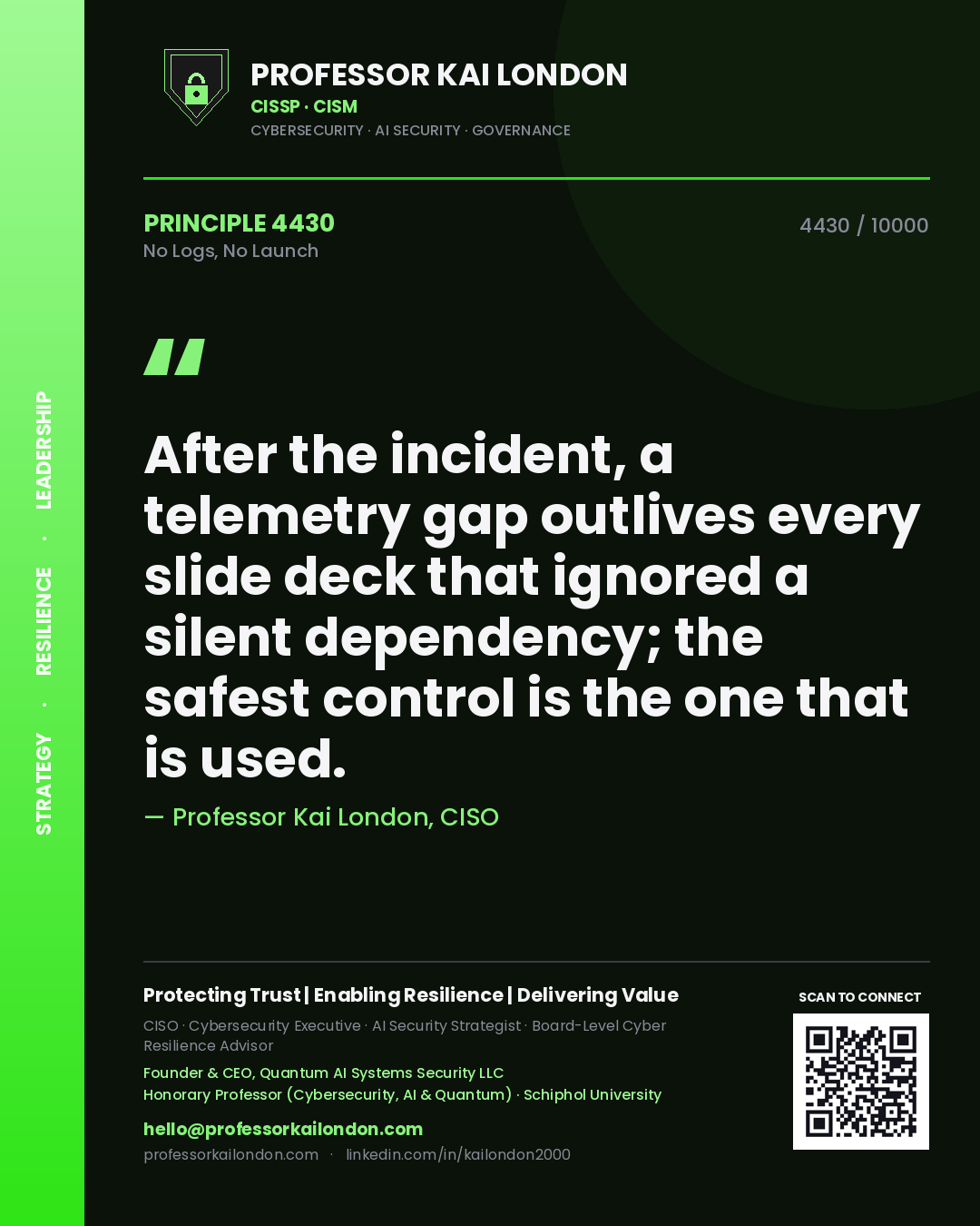 Quote card by Professor Kai London reading 'After the incident, a telemetry gap outlives every slide deck that ignored a silent dependency; the safest control is the one that is used.'. From the book No Logs, No Launch.