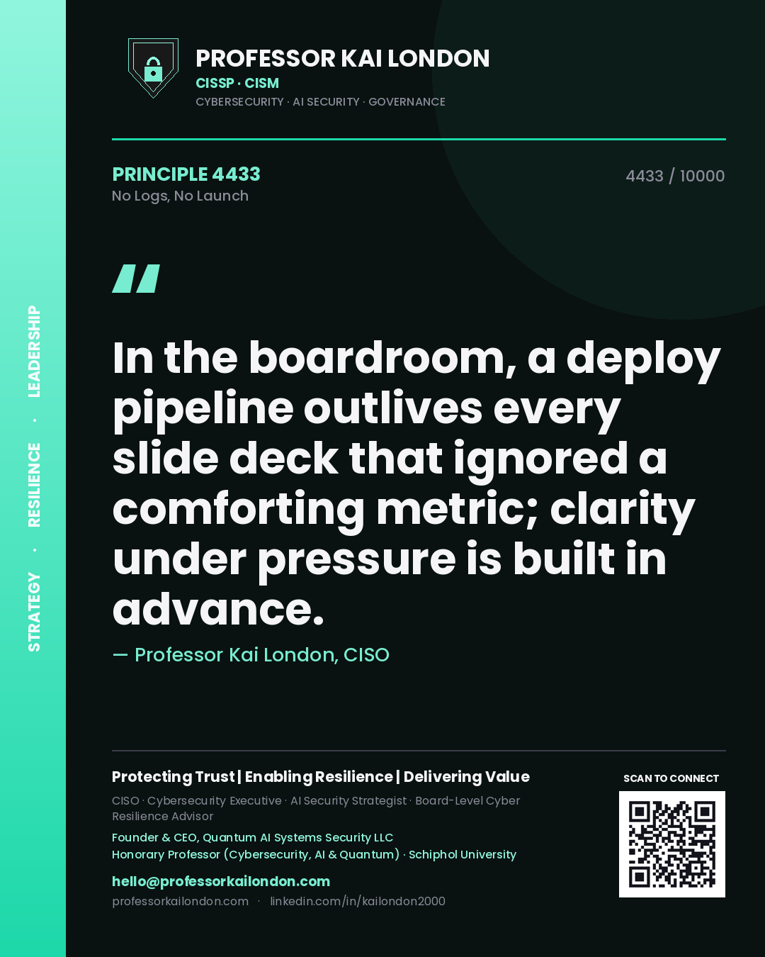 Quote card by Professor Kai London reading 'In the boardroom, a deploy pipeline outlives every slide deck that ignored a comforting metric; clarity under pressure is built in advance.'. From the book No Logs, No Launch.