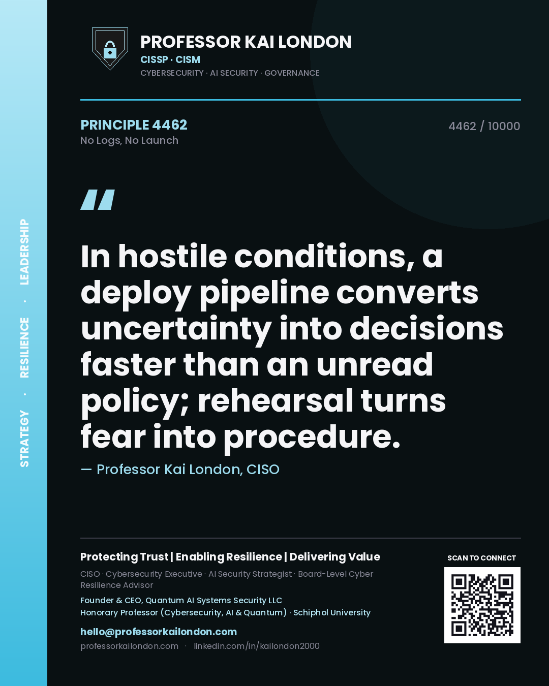 Quote card by Professor Kai London reading 'In hostile conditions, a deploy pipeline converts uncertainty into decisions faster than an unread policy; rehearsal turns fear into procedure.'. From the book No Logs, No Launch.