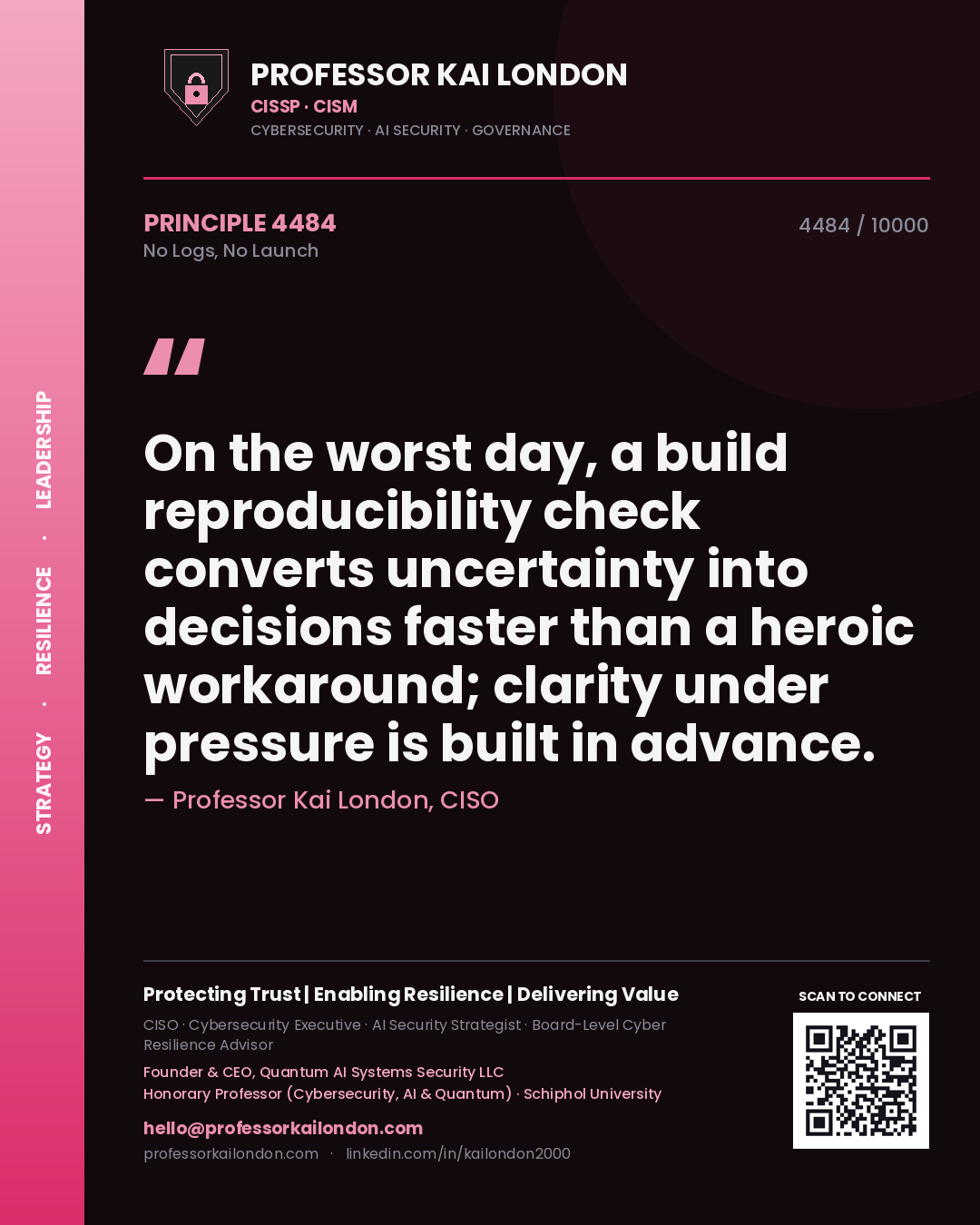 Quote card by Professor Kai London reading 'On the worst day, a build reproducibility check converts uncertainty into decisions faster than a heroic workaround; clarity under pressure is built in advance.'. From the book No Logs, No Launch.