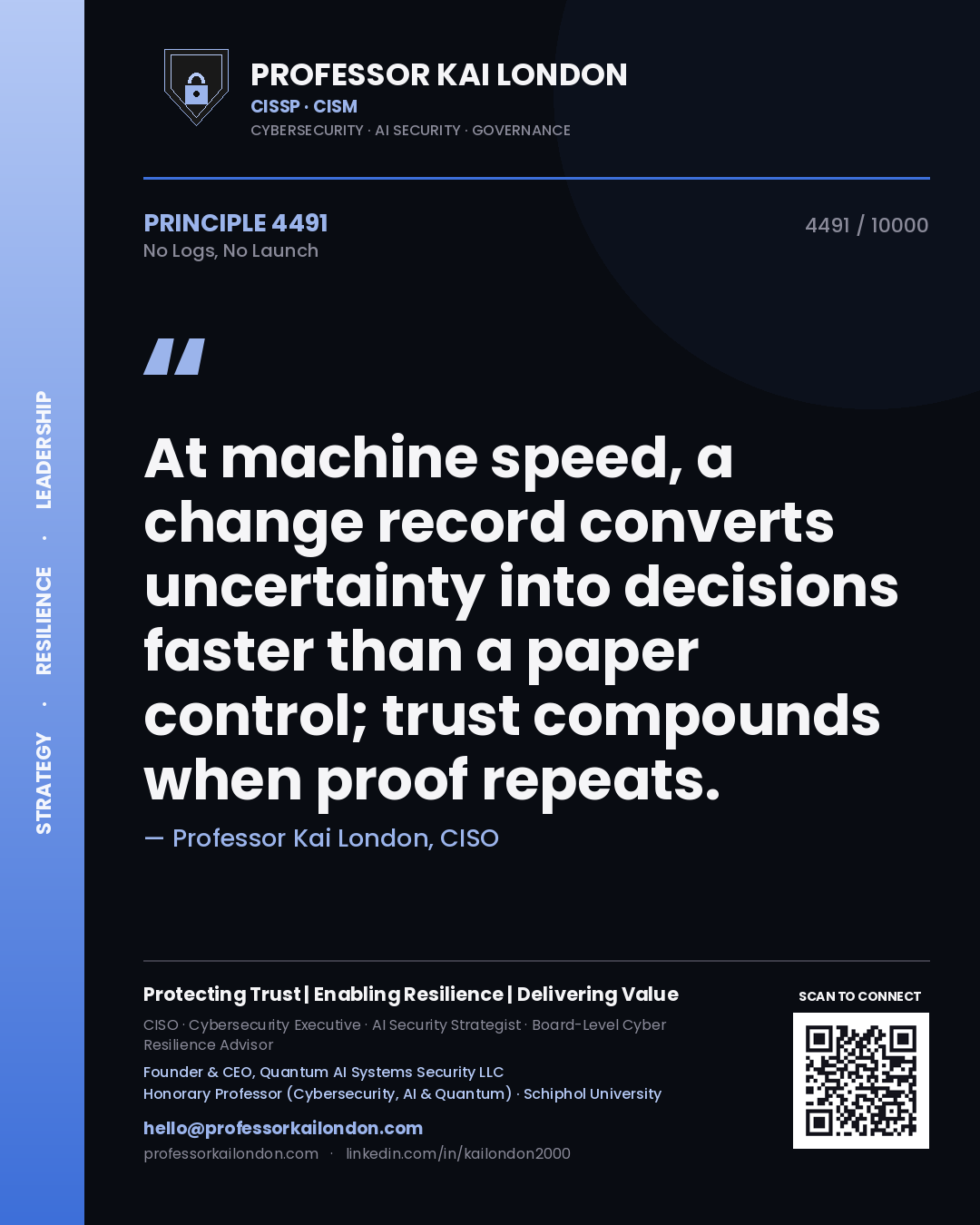 Quote card by Professor Kai London reading 'At machine speed, a change record converts uncertainty into decisions faster than a paper control; trust compounds when proof repeats.'. From the book No Logs, No Launch.