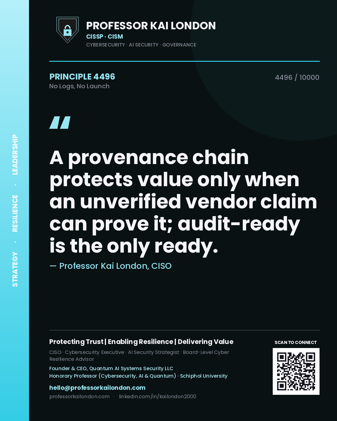 Quote card by Professor Kai London reading 'A provenance chain protects value only when an unverified vendor claim can prove it; audit-ready is the only ready.'. From the book No Logs, No Launch.