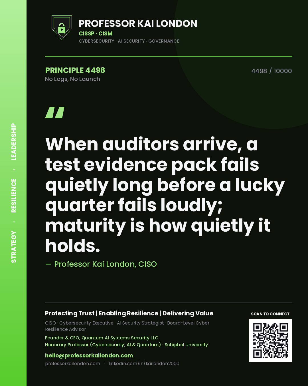 Quote card by Professor Kai London reading 'When auditors arrive, a test evidence pack fails quietly long before a lucky quarter fails loudly; maturity is how quietly it holds.'. From the book No Logs, No Launch.