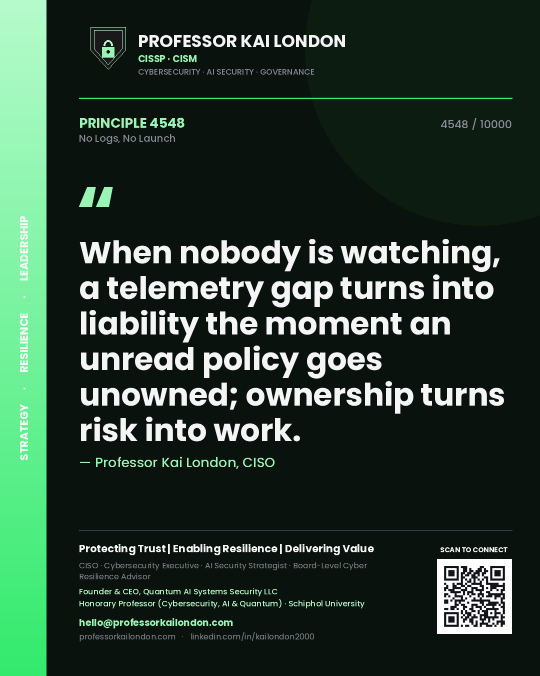 Professor Kai London principle 4548: When nobody is watching, a telemetry gap turns into liability the moment an unread policy goes unowned; ownership turns risk into work.