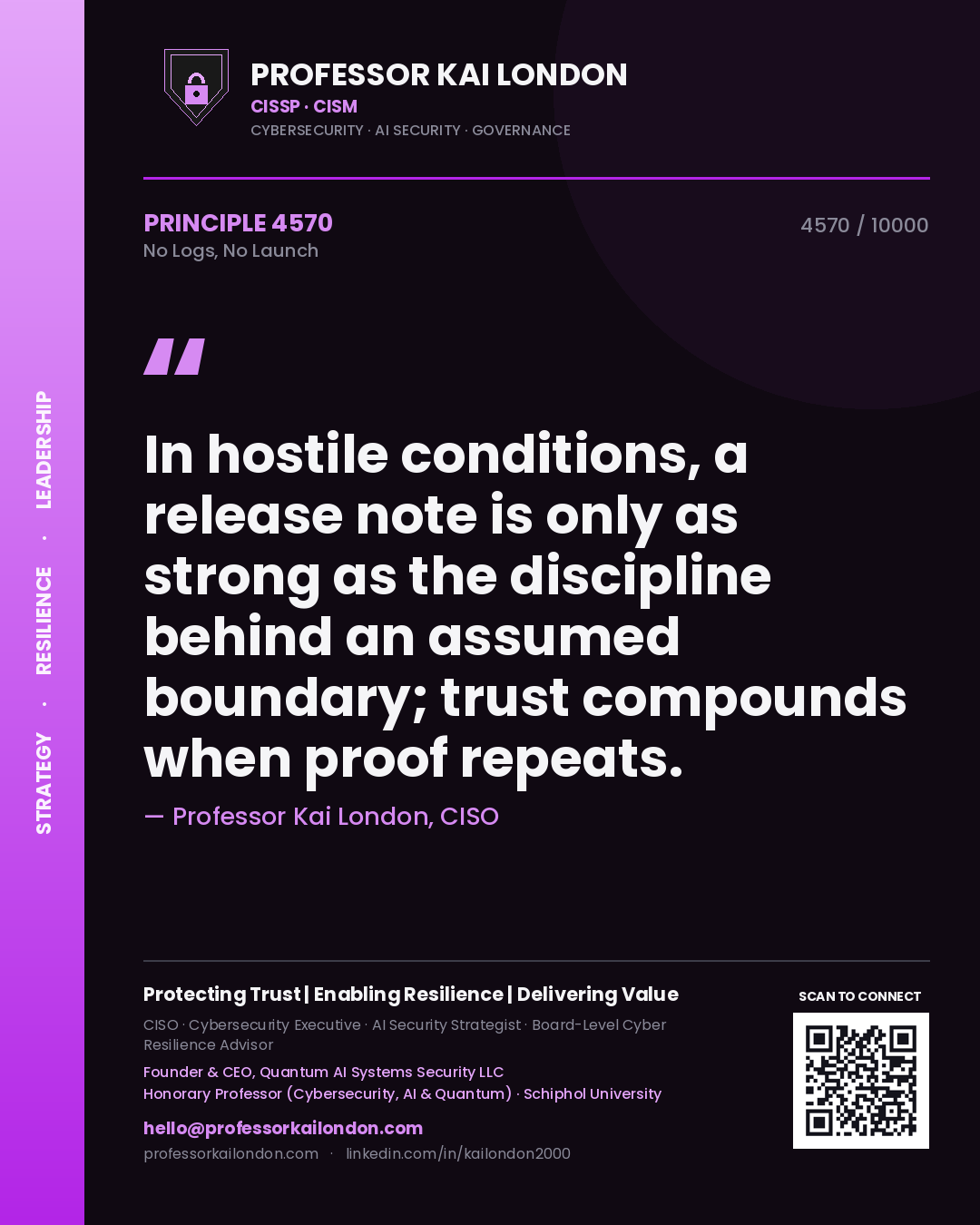 Quote card by Professor Kai London reading 'In hostile conditions, a release note is only as strong as the discipline behind an assumed boundary; trust compounds when proof repeats.'. From the book No Logs, No Launch.