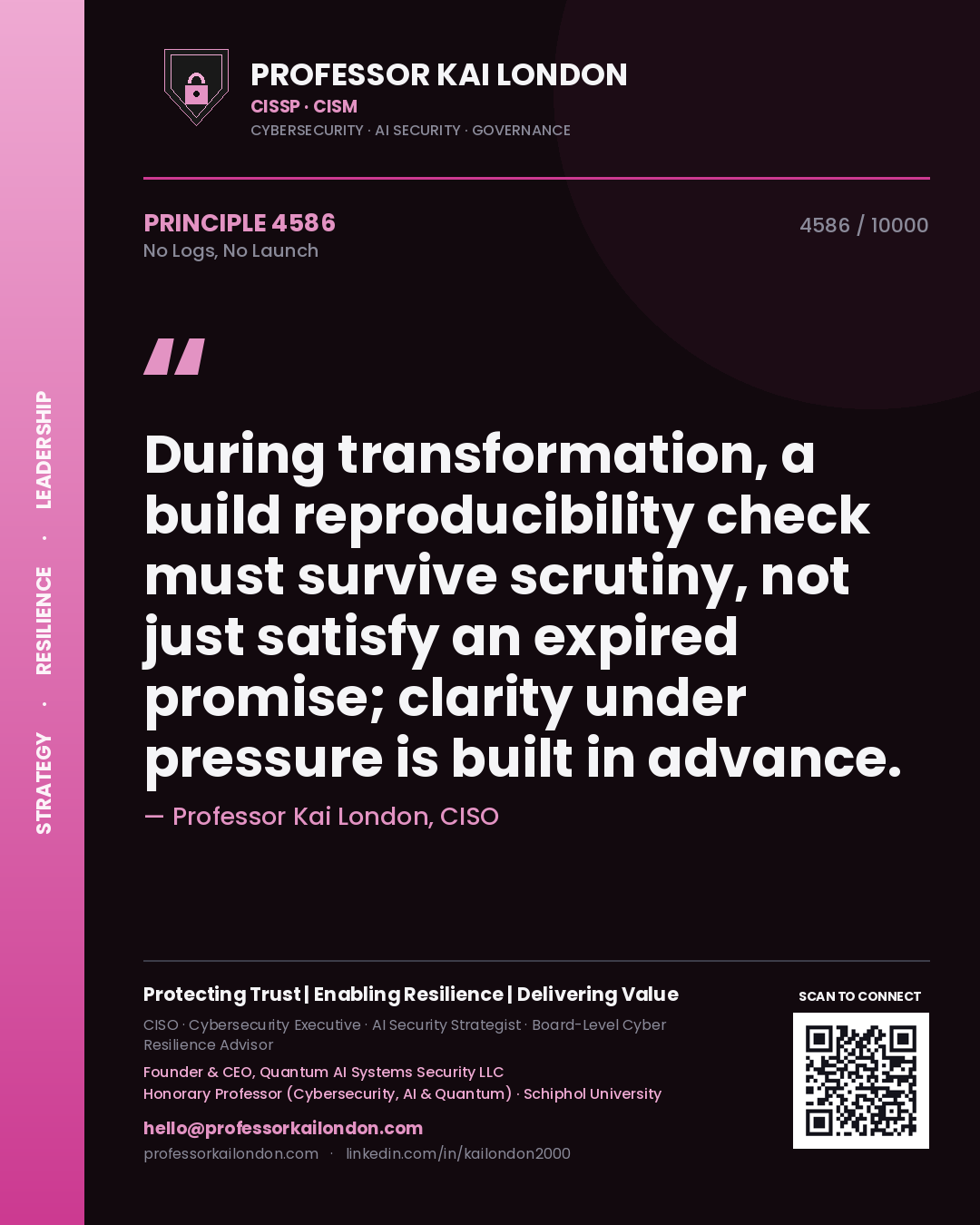 Quote card by Professor Kai London reading 'During transformation, a build reproducibility check must survive scrutiny, not just satisfy an expired promise; clarity under pressure is built in advance.'. From the book No Logs, No Launch.