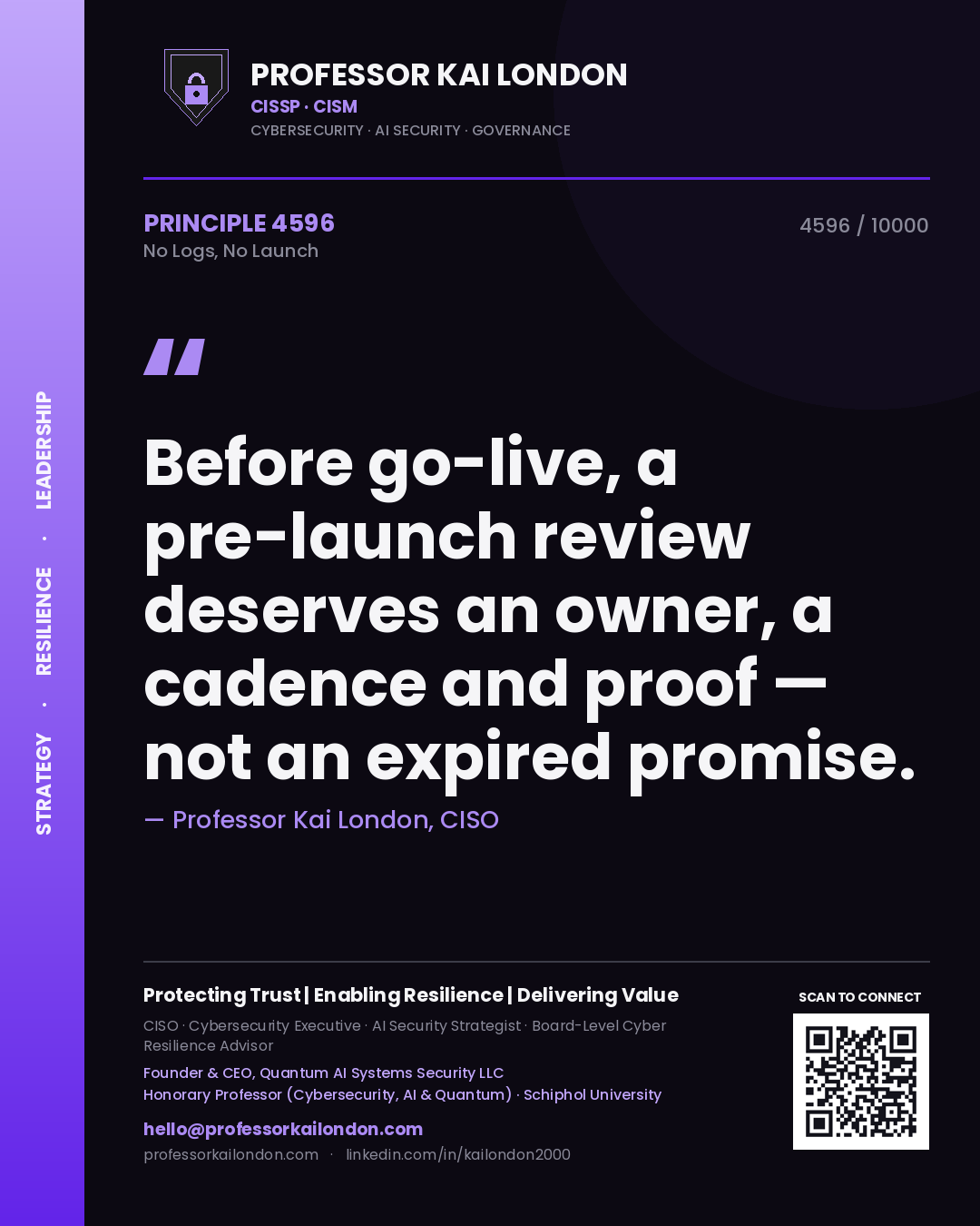 Quote card by Professor Kai London reading 'Before go-live, a pre-launch review deserves an owner, a cadence and proof — not an expired promise.'. From the book No Logs, No Launch.