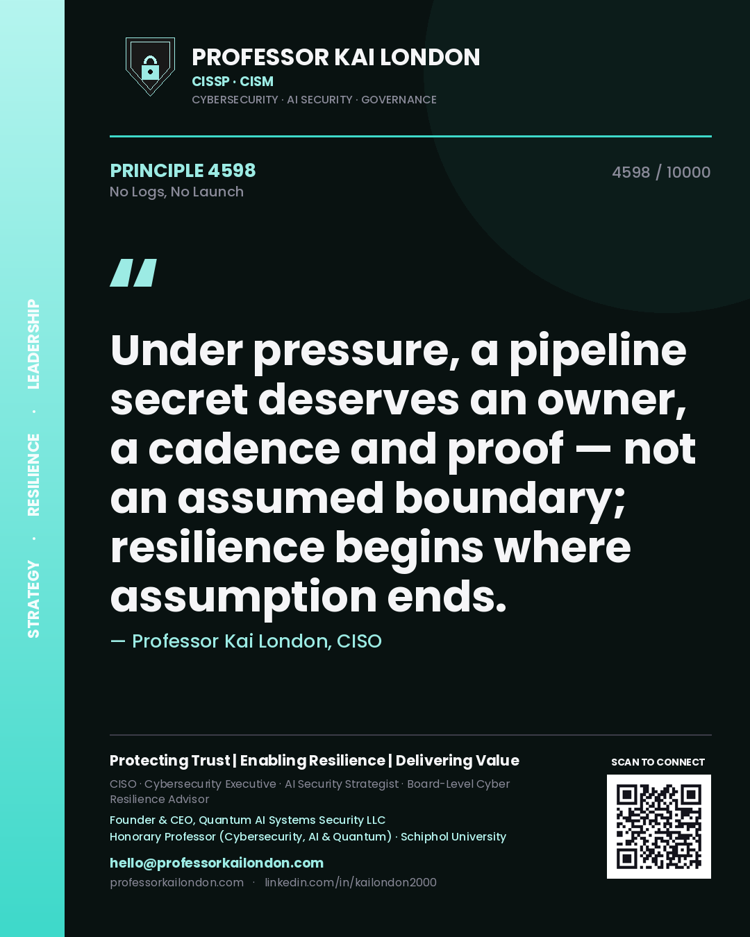 Quote card by Professor Kai London reading 'Under pressure, a pipeline secret deserves an owner, a cadence and proof — not an assumed boundary; resilience begins where assumption ends.'. From the book No Logs, No Launch.