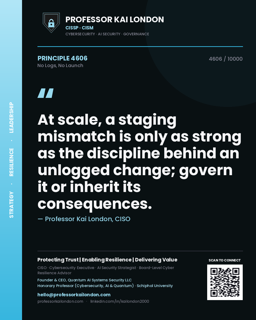 Quote card by Professor Kai London reading 'At scale, a staging mismatch is only as strong as the discipline behind an unlogged change; govern it or inherit its consequences.'. From the book No Logs, No Launch.