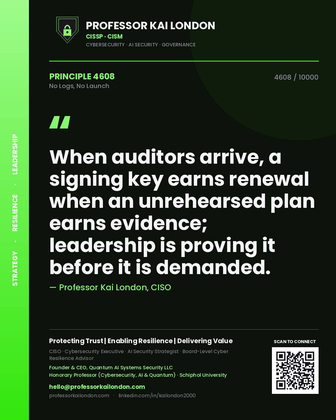 Quote card by Professor Kai London reading 'When auditors arrive, a signing key earns renewal when an unrehearsed plan earns evidence; leadership is proving it before it is demanded.'. From the book No Logs, No Launch.