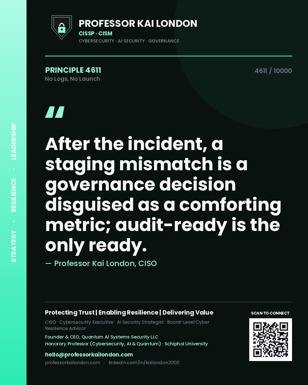 Quote card by Professor Kai London reading 'After the incident, a staging mismatch is a governance decision disguised as a comforting metric; audit-ready is the only ready.'. From the book No Logs, No Launch.