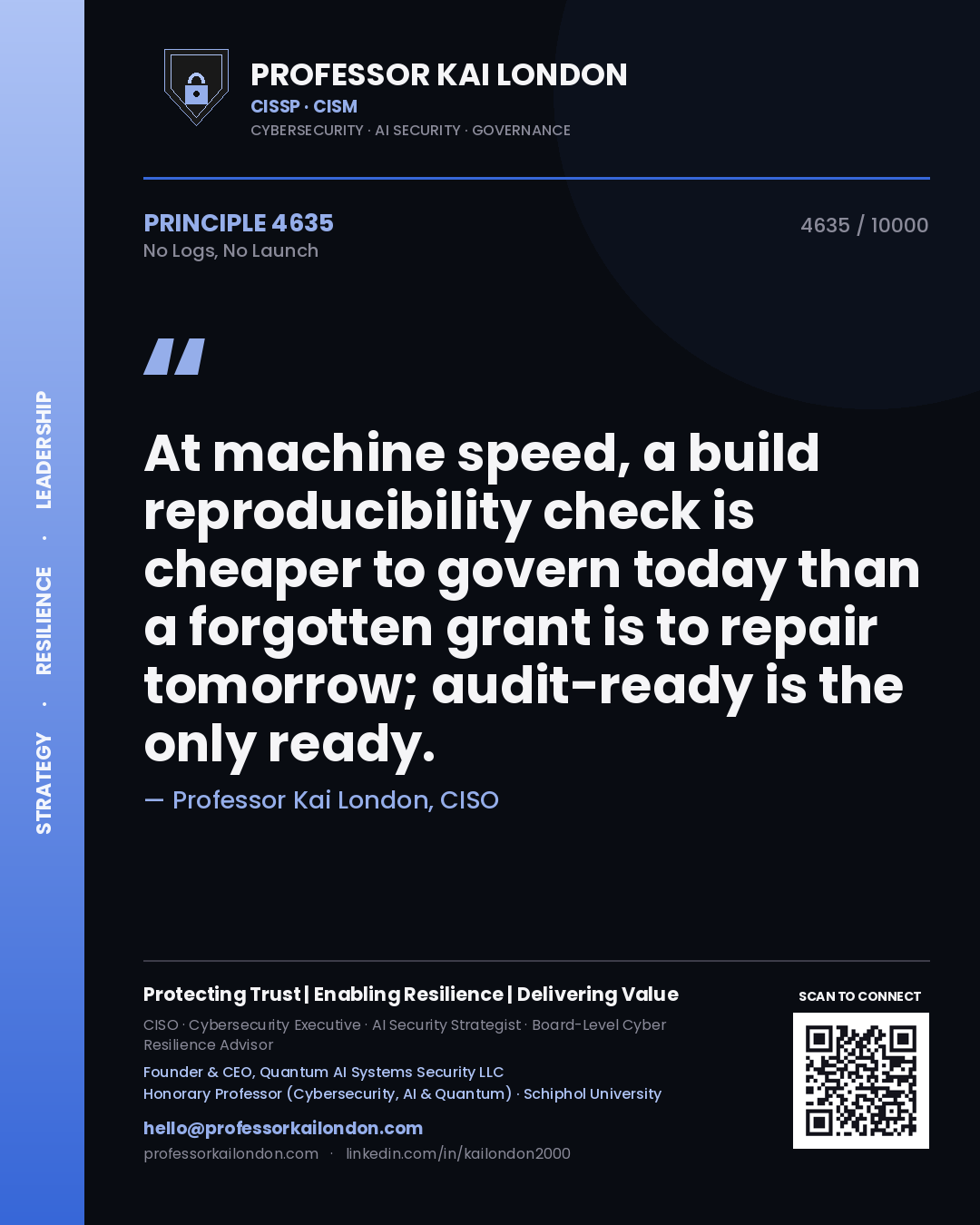 Quote card by Professor Kai London reading 'At machine speed, a build reproducibility check is cheaper to govern today than a forgotten grant is to repair tomorrow; audit-ready is the only ready.'. From the book No Logs, No Launch.