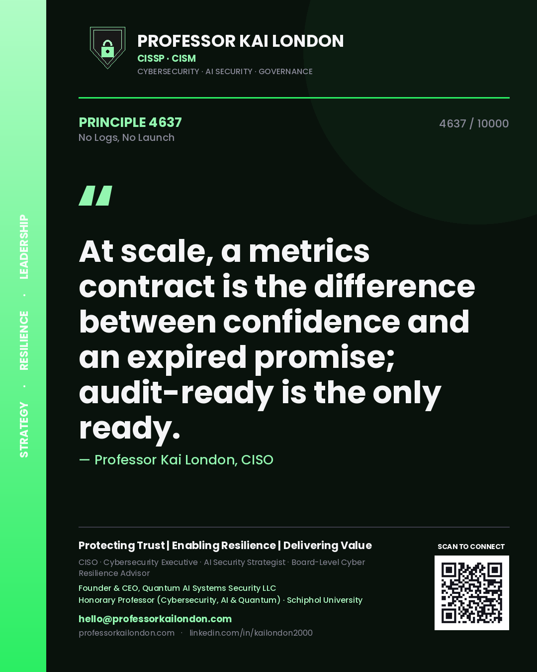 Quote card by Professor Kai London reading 'At scale, a metrics contract is the difference between confidence and an expired promise; audit-ready is the only ready.'. From the book No Logs, No Launch.