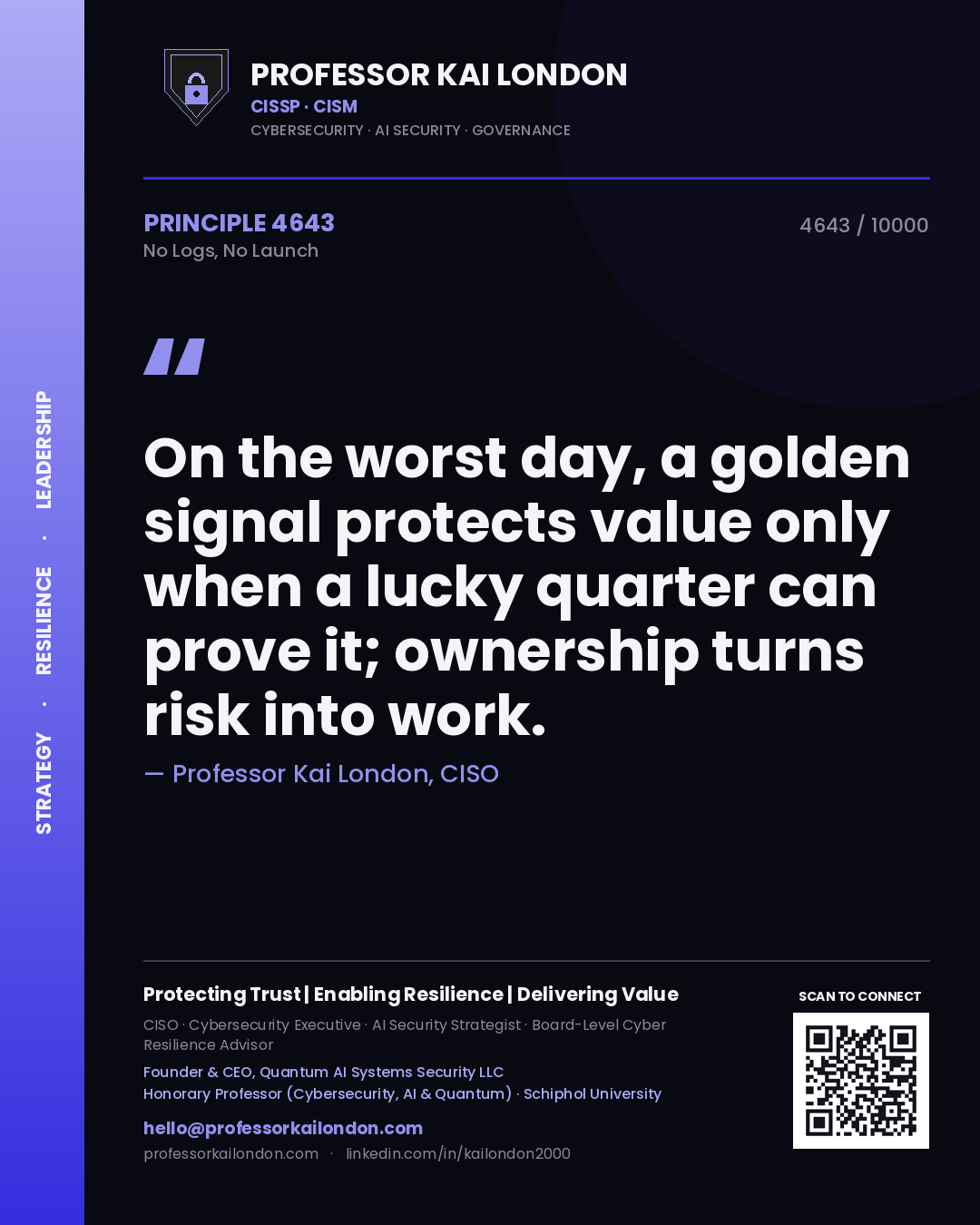 Quote card by Professor Kai London reading 'On the worst day, a golden signal protects value only when a lucky quarter can prove it; ownership turns risk into work.'. From the book No Logs, No Launch.