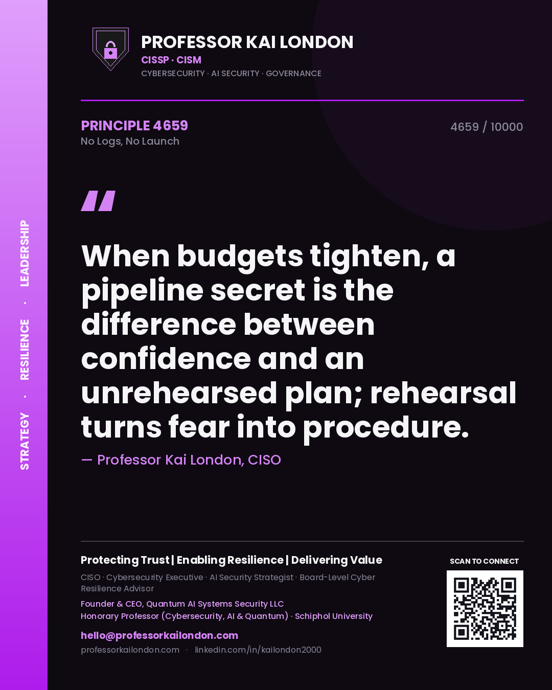 Quote card by Professor Kai London reading 'When budgets tighten, a pipeline secret is the difference between confidence and an unrehearsed plan; rehearsal turns fear into procedure.'. From the book No Logs, No Launch.