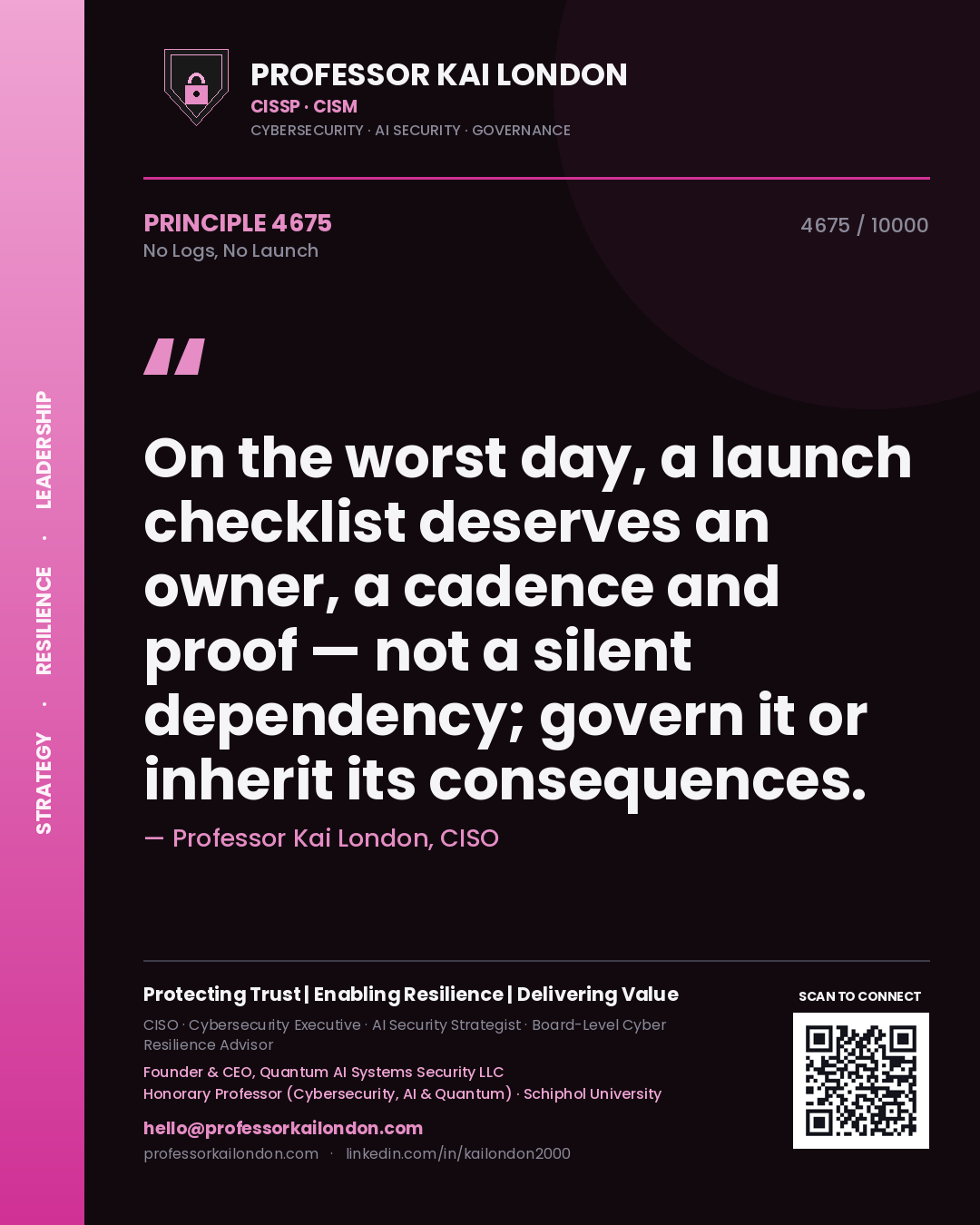 Quote card by Professor Kai London reading 'On the worst day, a launch checklist deserves an owner, a cadence and proof — not a silent dependency; govern it or inherit its consequences.'. From the book No Logs, No Launch.
