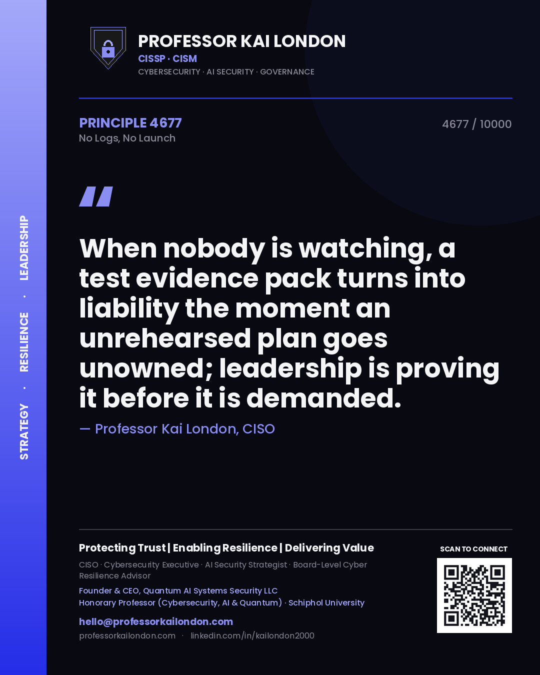 Quote card by Professor Kai London reading 'When nobody is watching, a test evidence pack turns into liability the moment an unrehearsed plan goes unowned; leadership is proving it before it is demanded.'. From the book No Logs, No Launch.