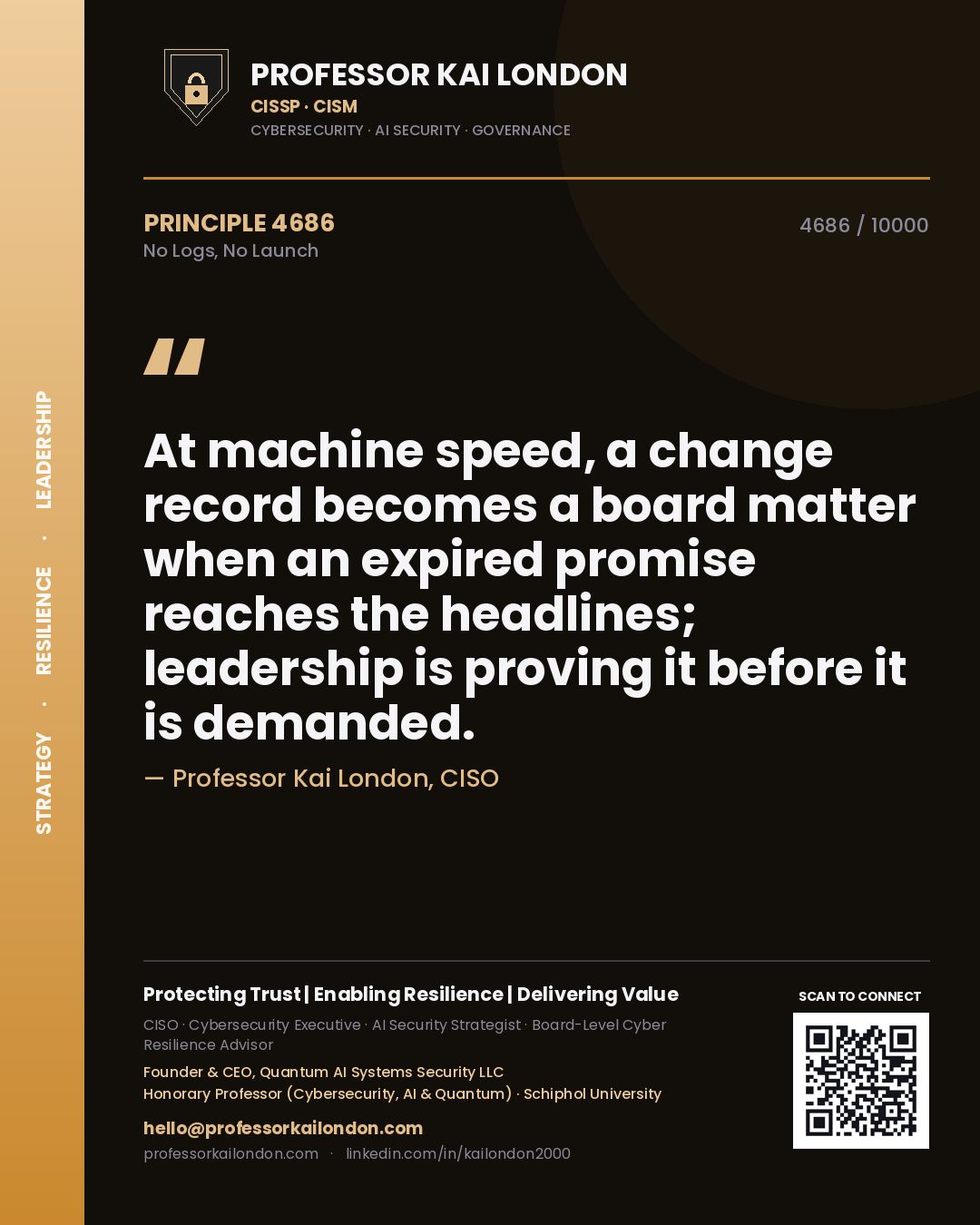 Quote card by Professor Kai London reading 'At machine speed, a change record becomes a board matter when an expired promise reaches the headlines; leadership is proving it before it is demanded.'. From the book No Logs, No Launch.